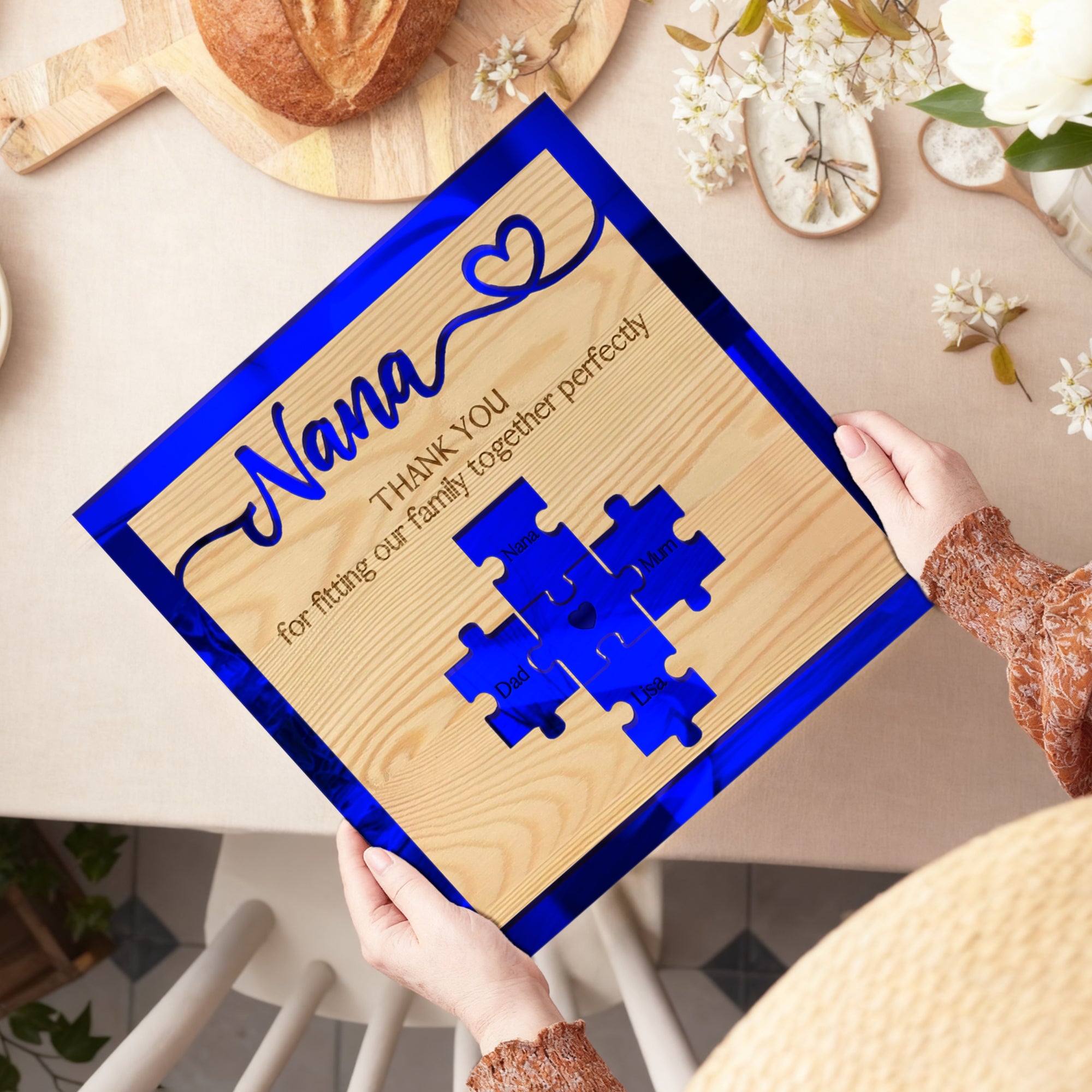 Personalised 3D “You’re the Piece That Holds Us Together” Mum Puzzle on Engraved Wooden Block Sign, Mother's Day Gift for Mom Grandma Granny