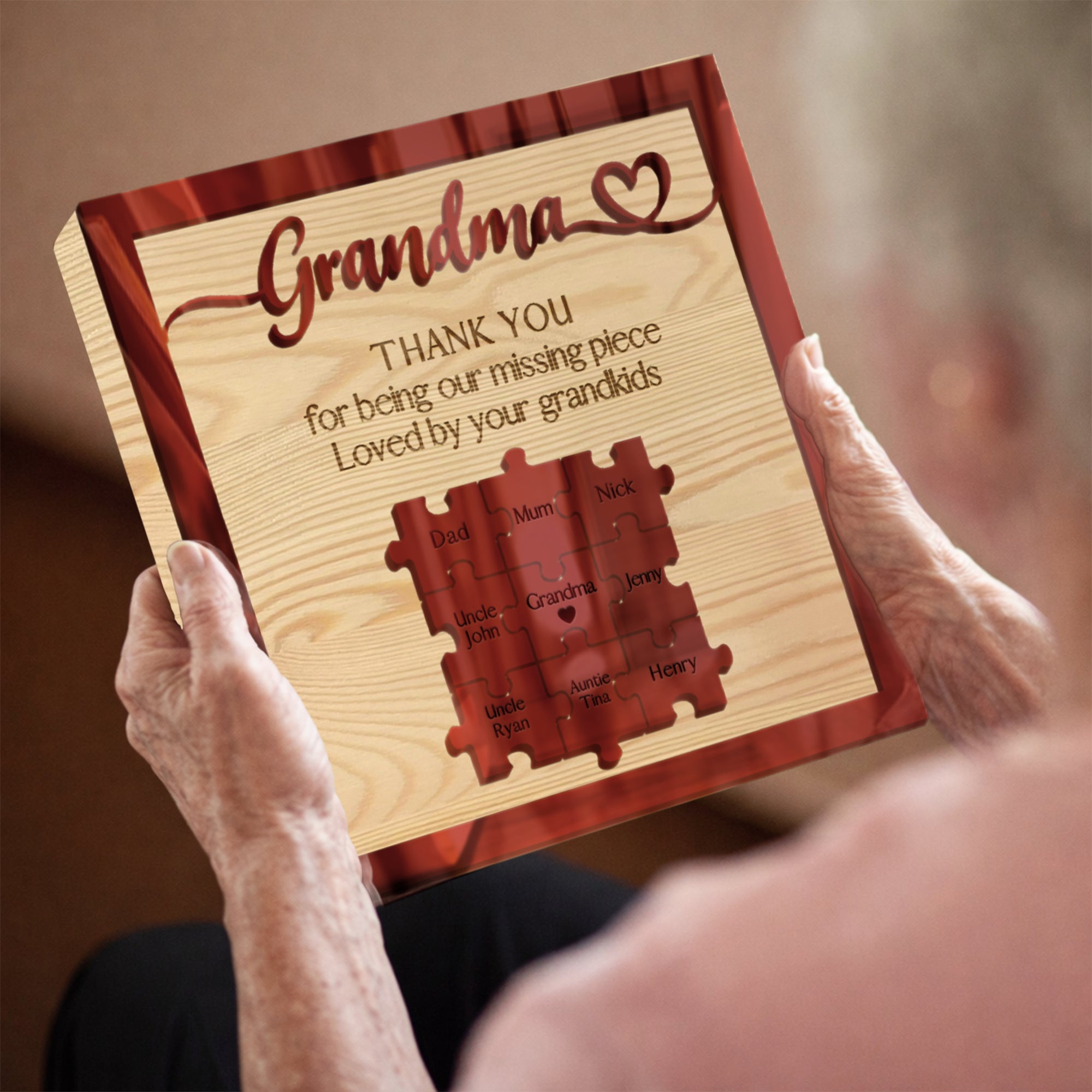 Personalised 3D “You’re the Piece That Holds Us Together” Mum Puzzle on Engraved Wooden Block Sign, Mother's Day Gift for Mom Grandma Granny
