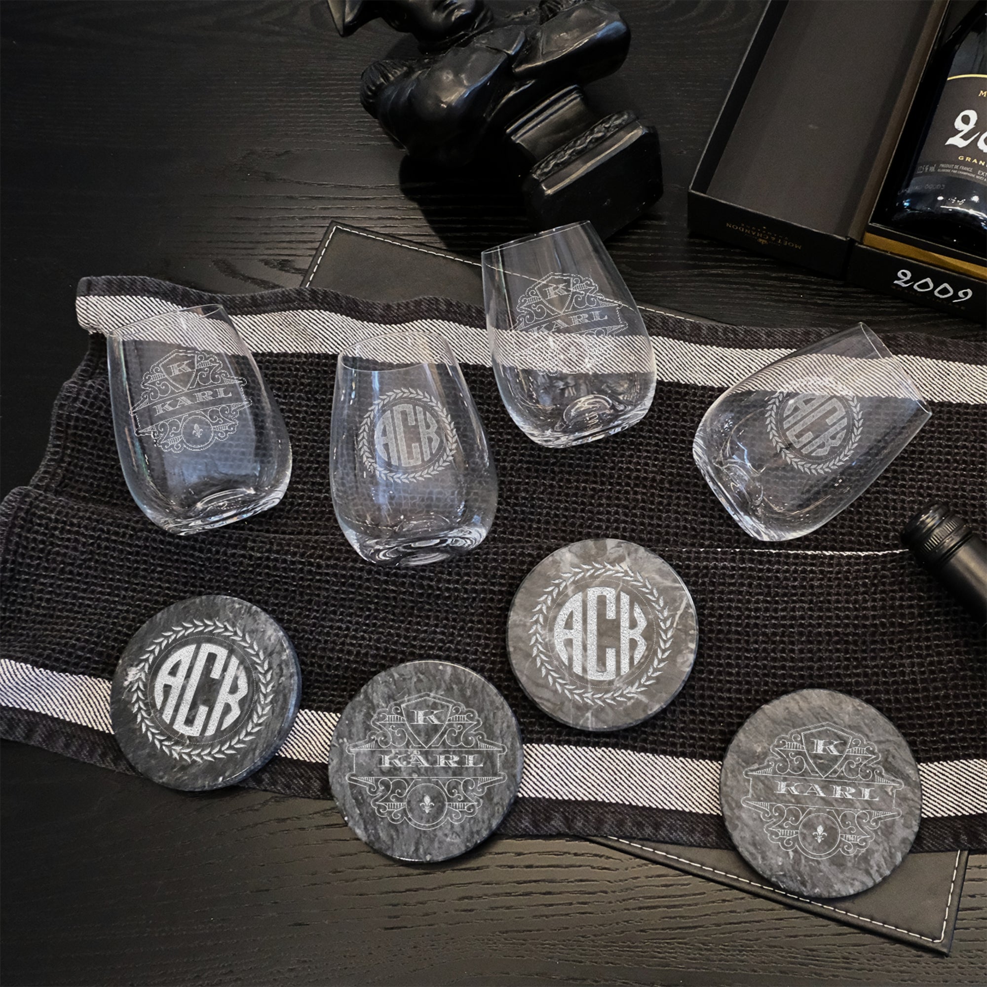 Personalised 4 Crystal Wine Glasses, Marble Coasters in Custom Etched Wooden Box, Bridesmaid Wedding, Birthday Housewarming Anniversary Gift