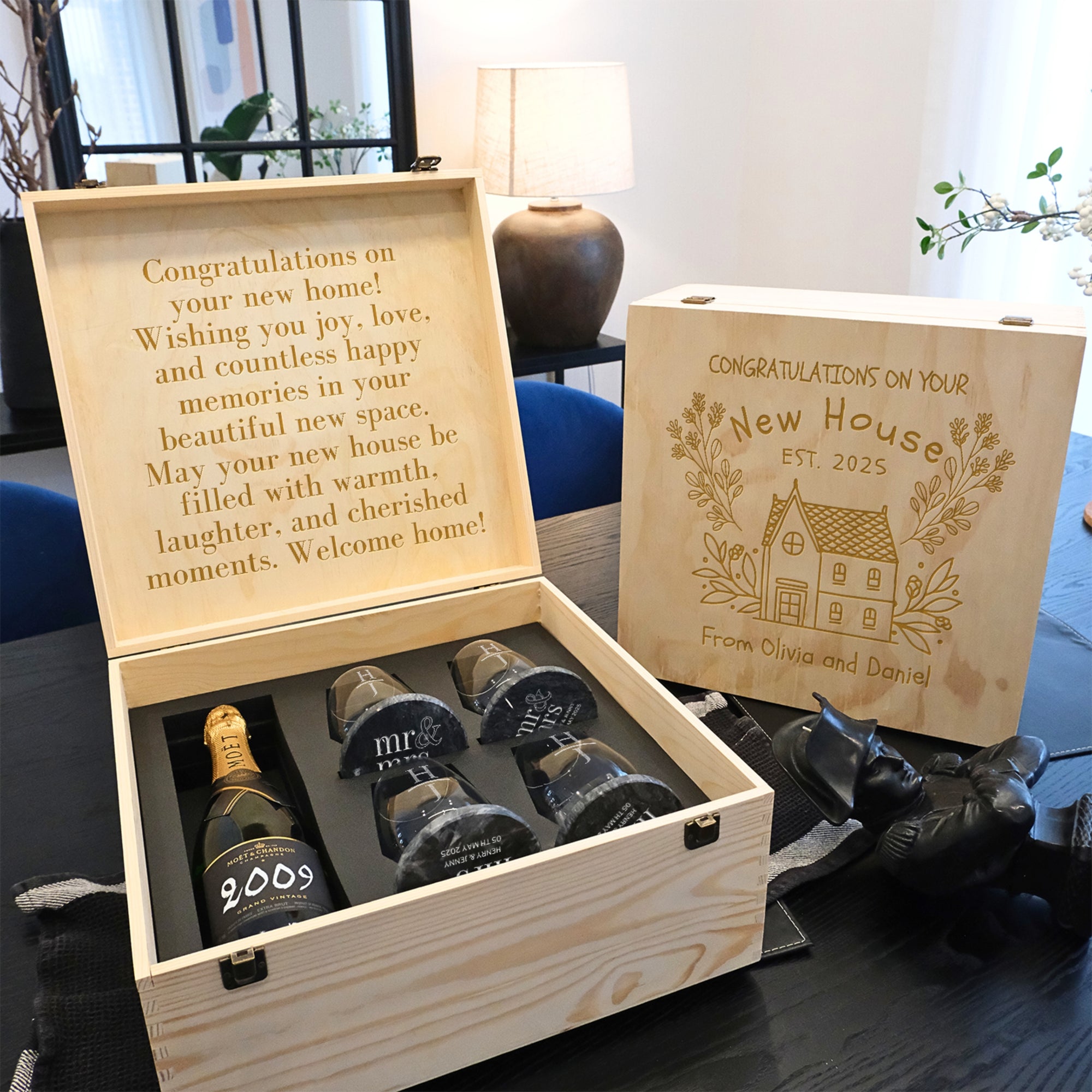 Personalised 4 Crystal Wine Glasses, Marble Coasters in Custom Etched Wooden Box, Bridesmaid Wedding, Birthday Housewarming Anniversary Gift