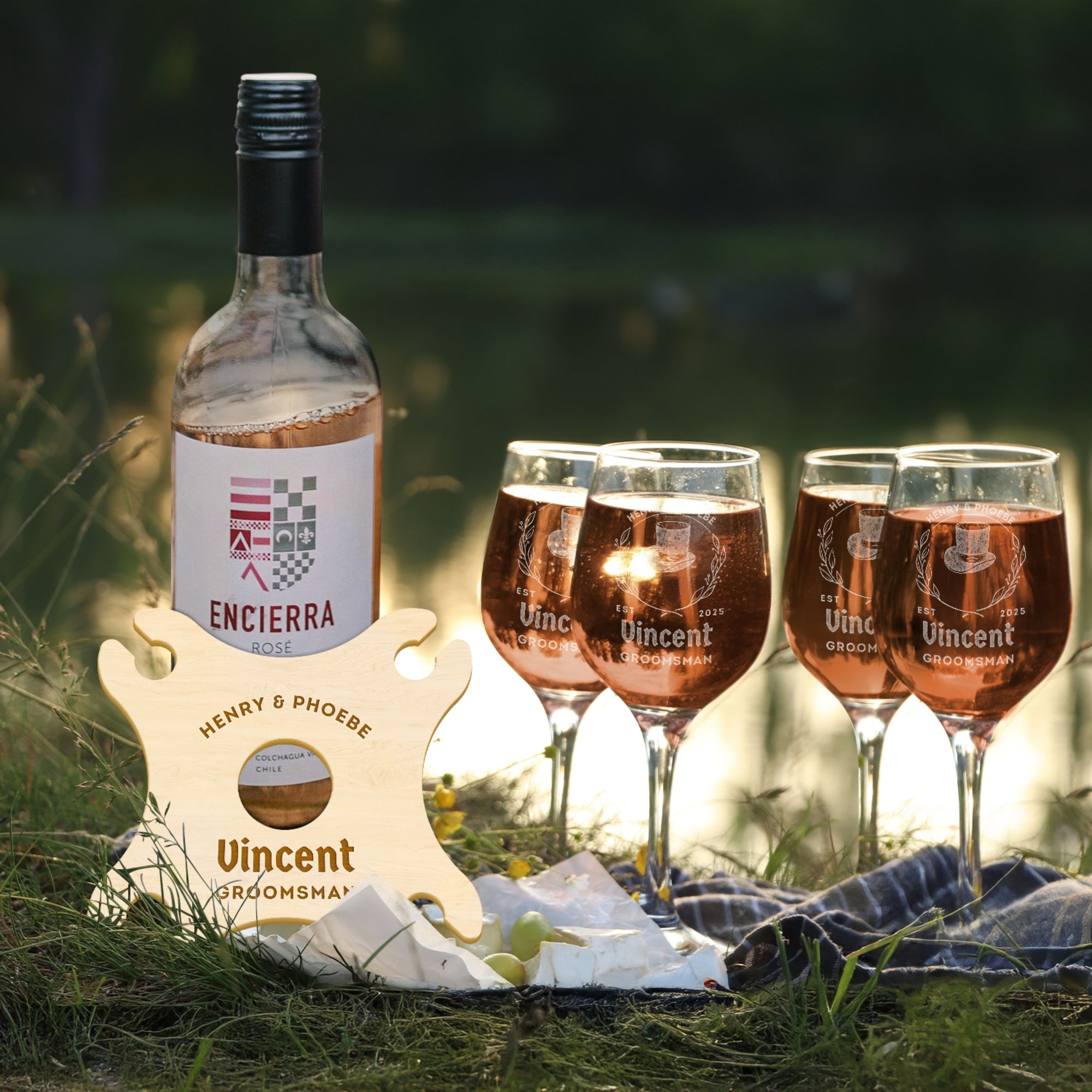 Personalised 4 Stem Glasses & Wine Holder Set, Laser Cut Wooden Bottle Caddy/ Custom Engraved Butler, Barware Anniversary, Housewarming Gift