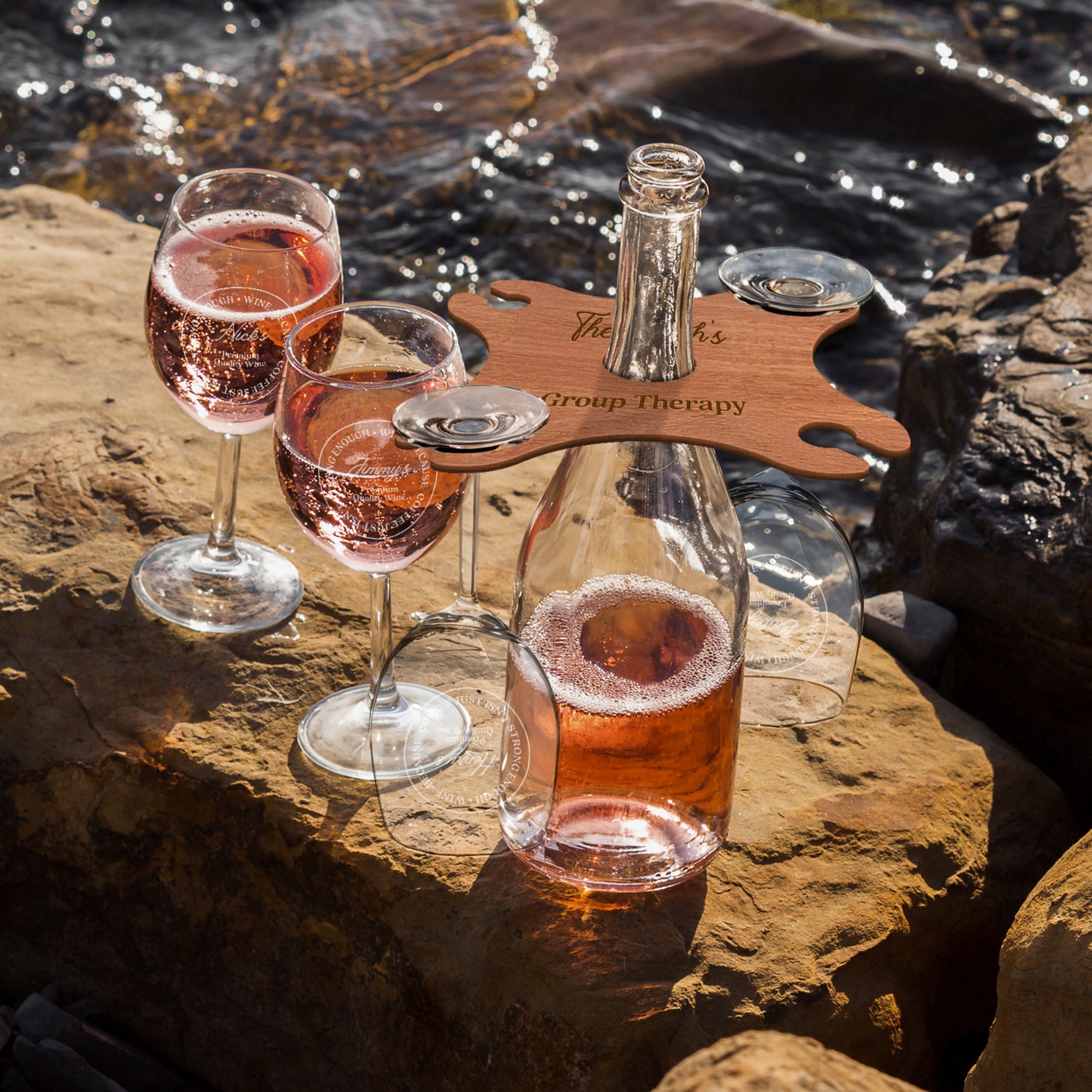 Personalised 4 Stem Glasses & Wine Holder Set, Laser Cut Wooden Bottle Caddy/ Custom Engraved Butler, Barware Anniversary, Housewarming Gift