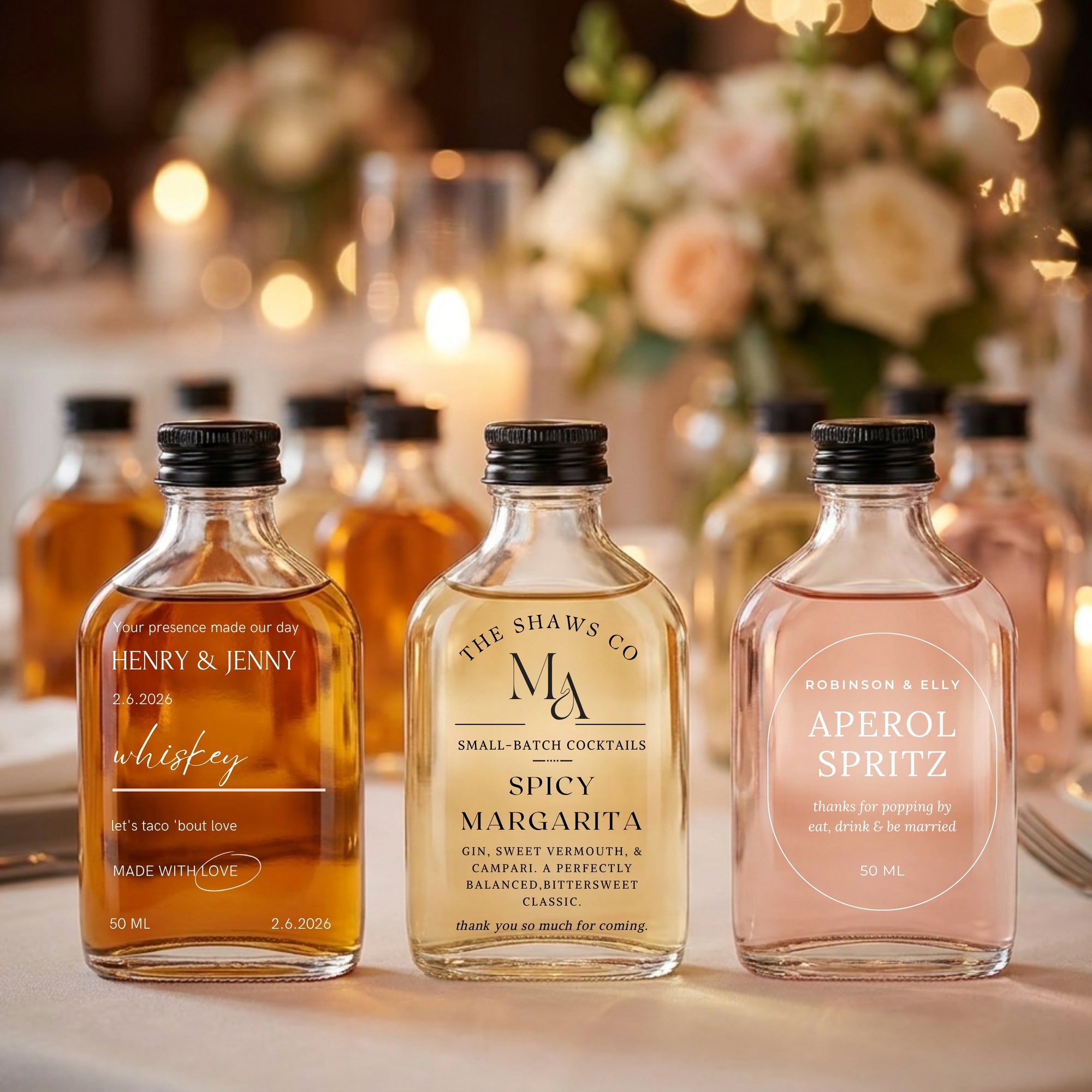 Personalised 50ml Arch Clear Glass Mini Bottles, Custom Print Cocktai Shot Bonbonniere, Wedding Favours, Groomsmen Bridesmaid Corporate Gift