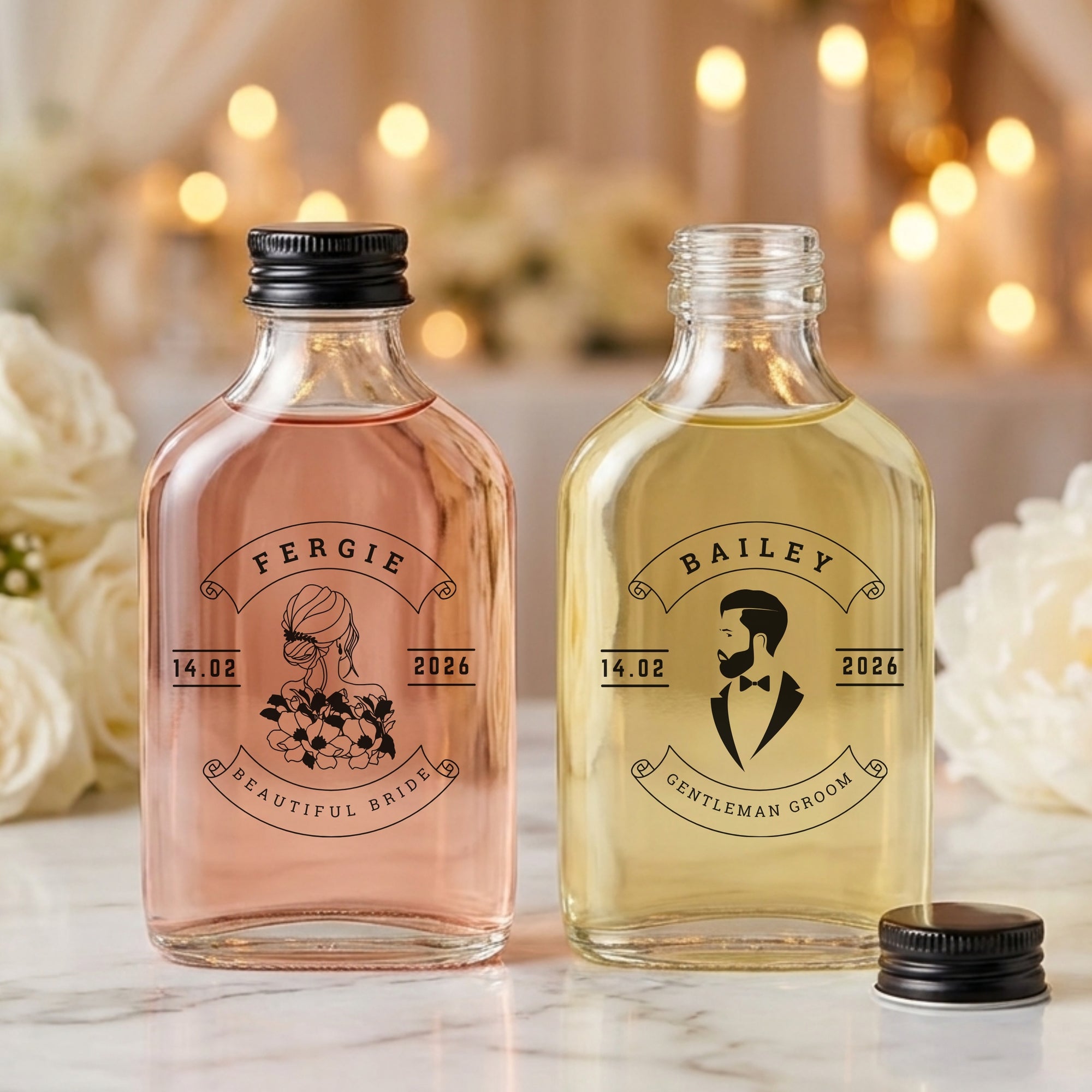 Personalised 50ml Arch Clear Glass Mini Bottles, Custom Print Cocktai Shot Bonbonniere, Wedding Favours, Groomsmen Bridesmaid Corporate Gift