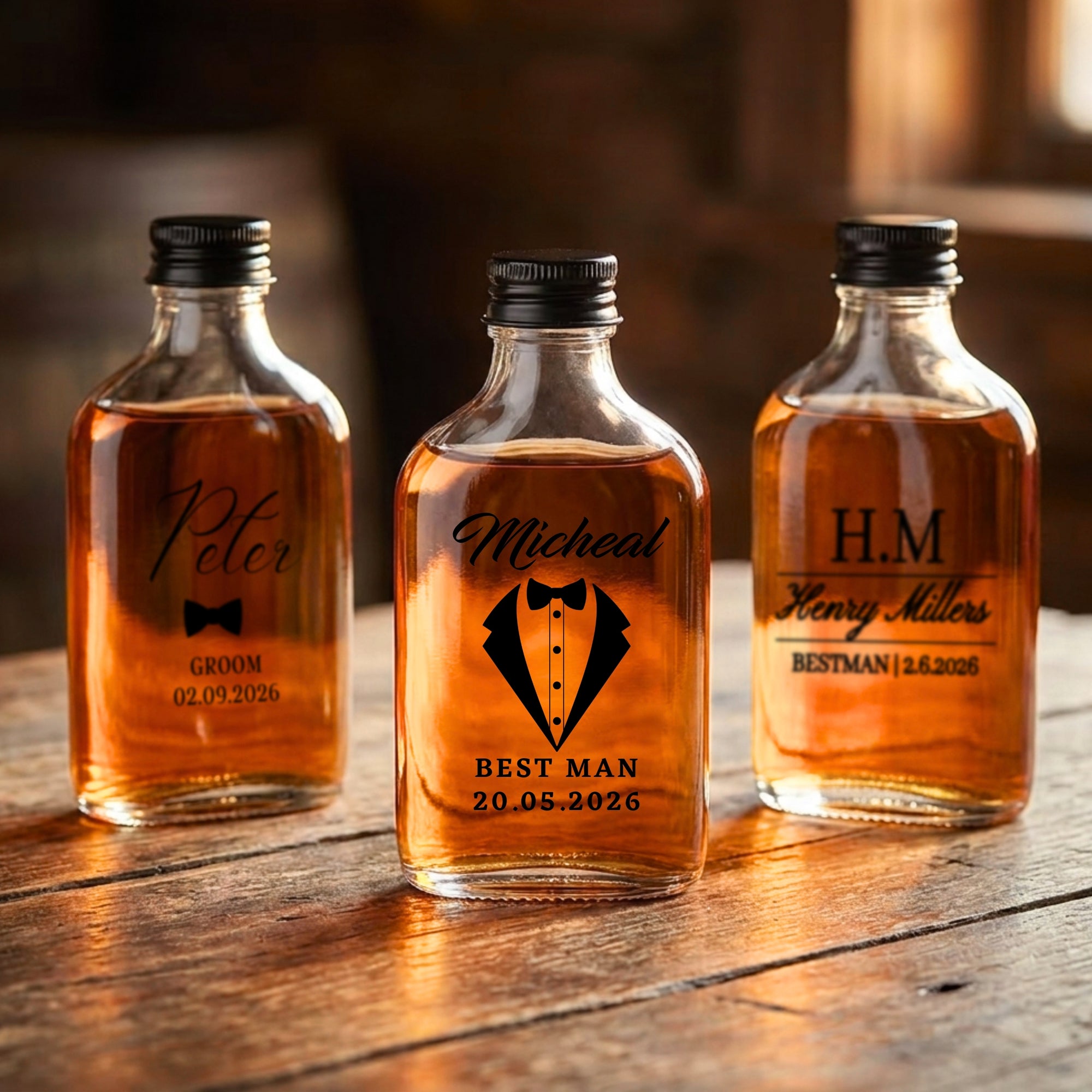 Personalised 50ml Arch Clear Glass Mini Bottles, Custom Print Cocktai Shot Bonbonniere, Wedding Favours, Groomsmen Bridesmaid Corporate Gift