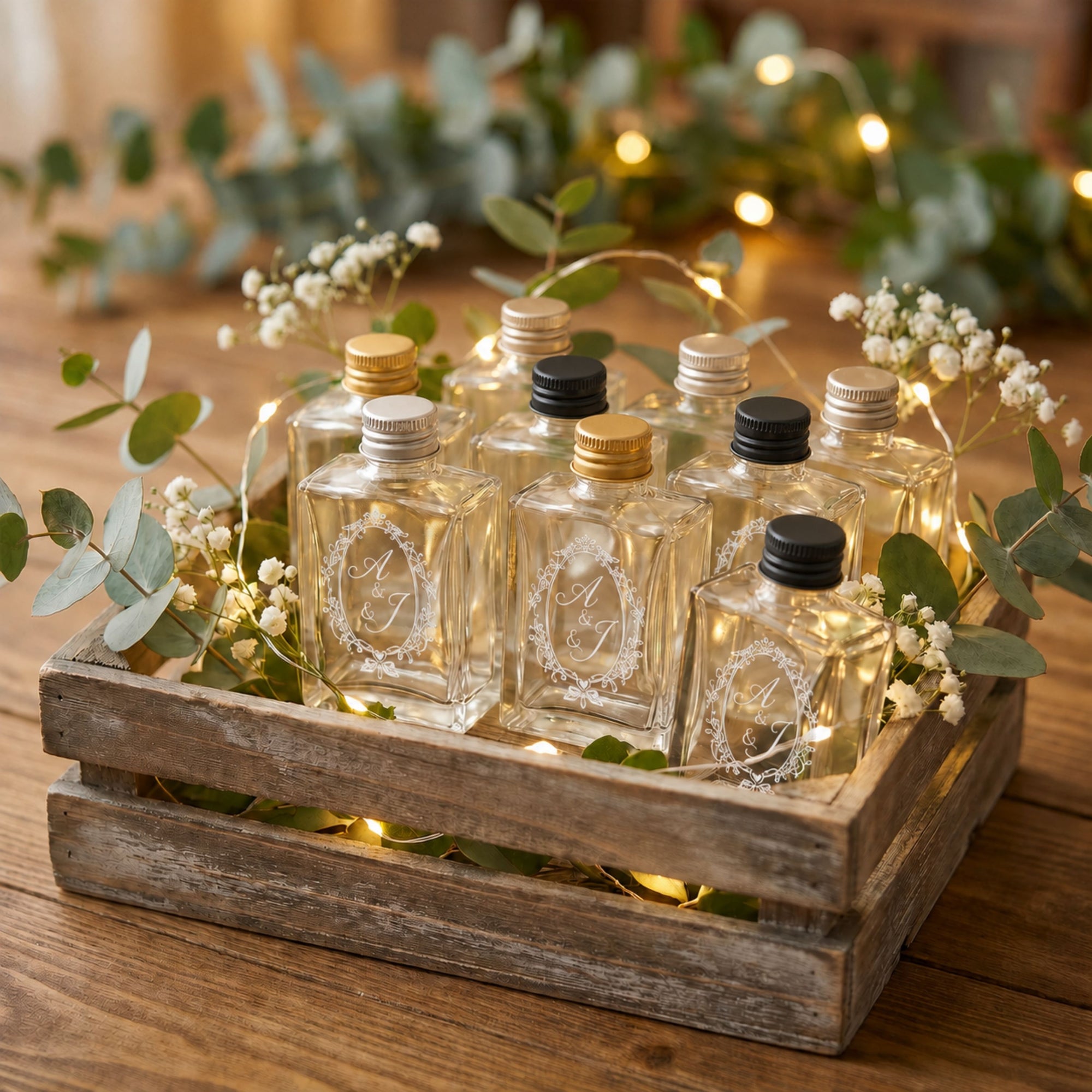Personalised 50ml Clear Glass Mini Bottles, Custom Print Cocktai Shot Bonbonniere, Party Wedding Favours Groomsmen Bridesmaid Corporate Gift