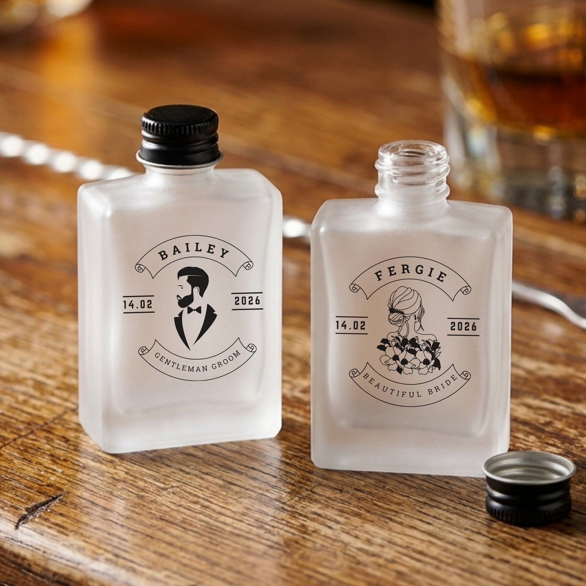 Personalised 50ml Frosted Glass Mini Bottles, Custom Print Cocktai Shot Bonbonniere Party Wedding Favour Groomsmen Bridesmaid Corporate Gift