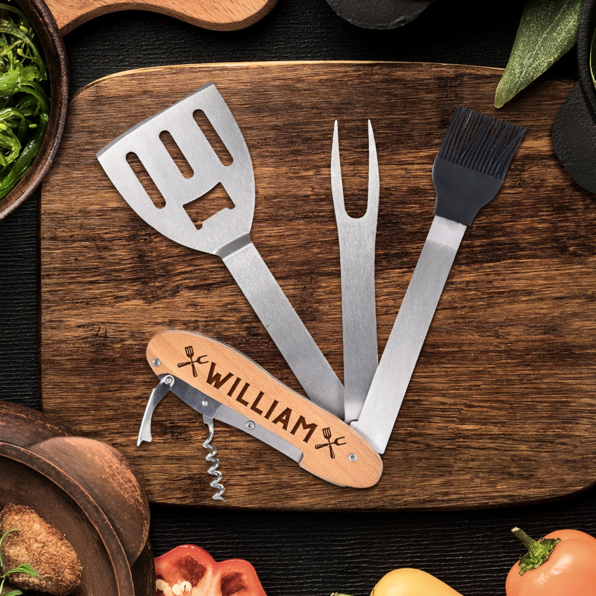 Personalised 5 in 1 Foldable BBQ Tool, Custom Engraved Logo Barbecue Spatula &amp; Multi Grill Tools, Dad, Housewarming Groomsman Corporate Gift