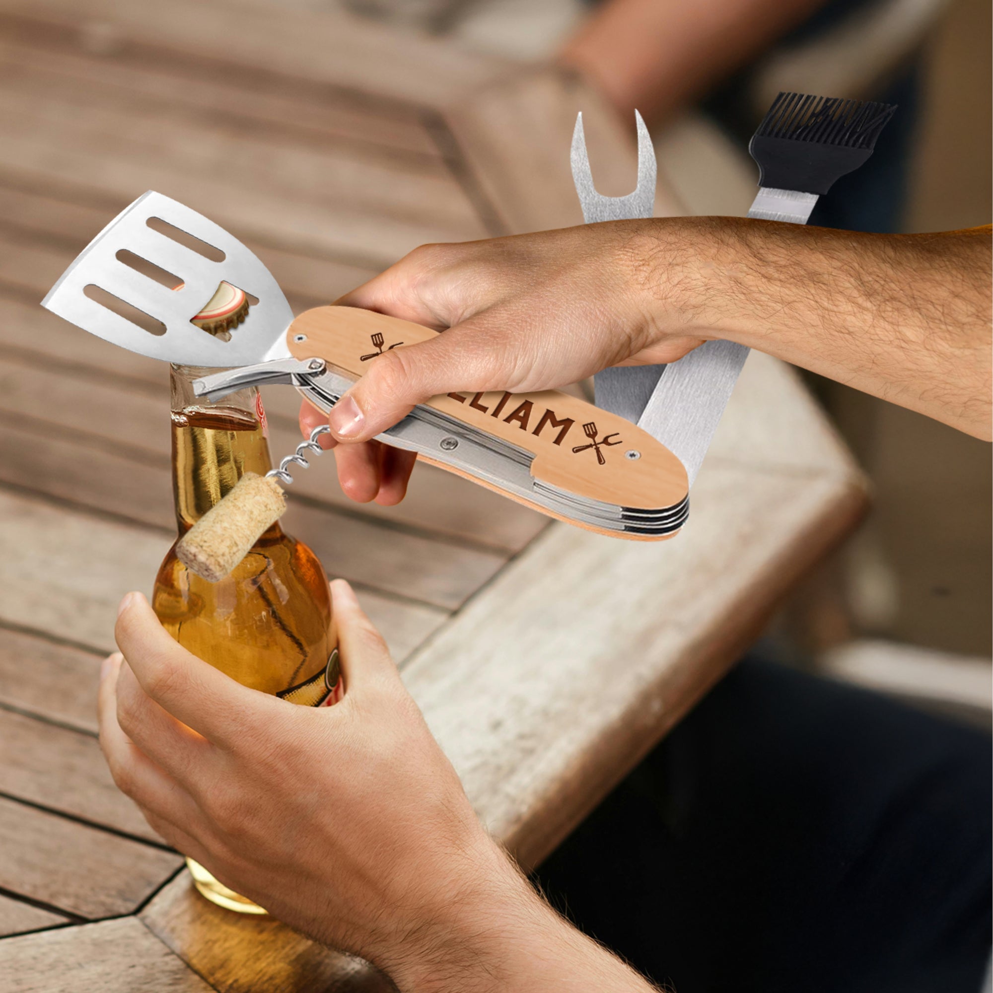 Personalised 5 in 1 Foldable BBQ Tool, Custom Engraved Logo Barbecue Spatula &amp; Multi Grill Tools, Dad, Housewarming Groomsman Corporate Gift