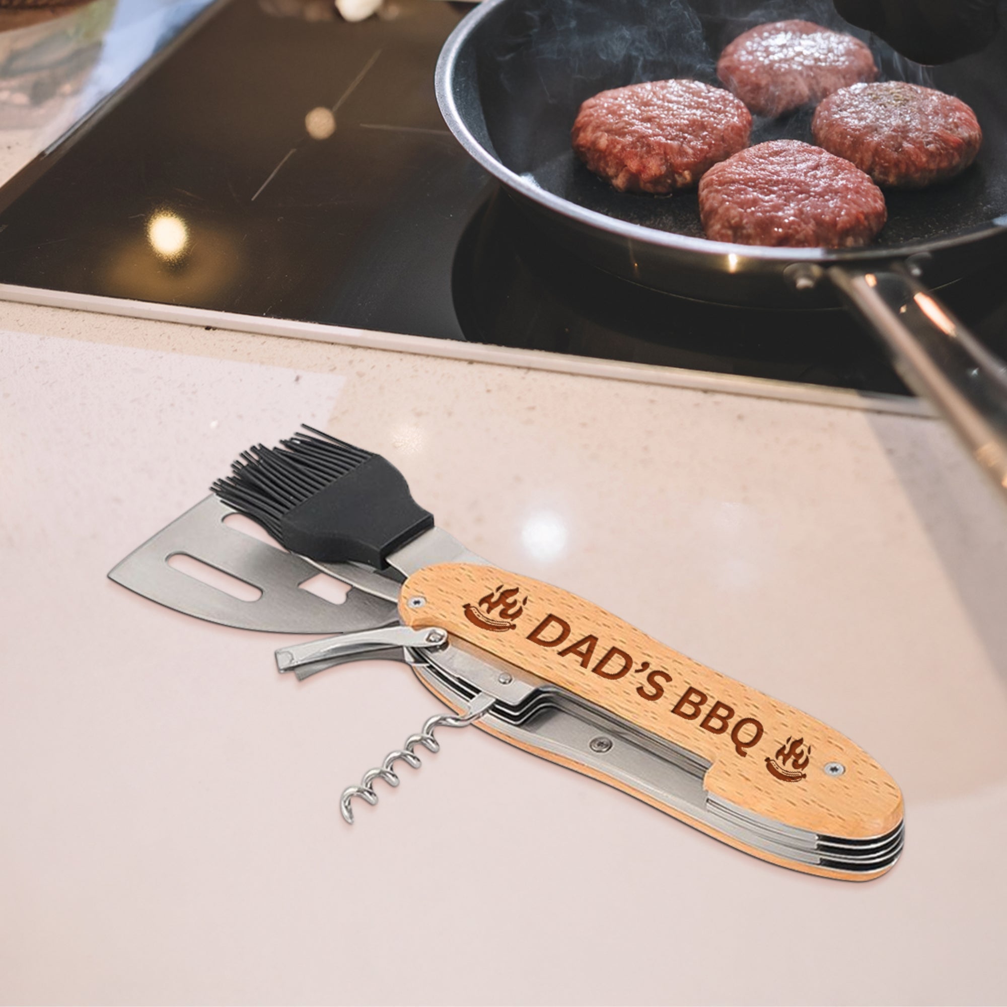 Personalised 5 in 1 Foldable BBQ Tool, Custom Engraved Logo Barbecue Spatula &amp; Multi Grill Tools, Dad, Housewarming Groomsman Corporate Gift