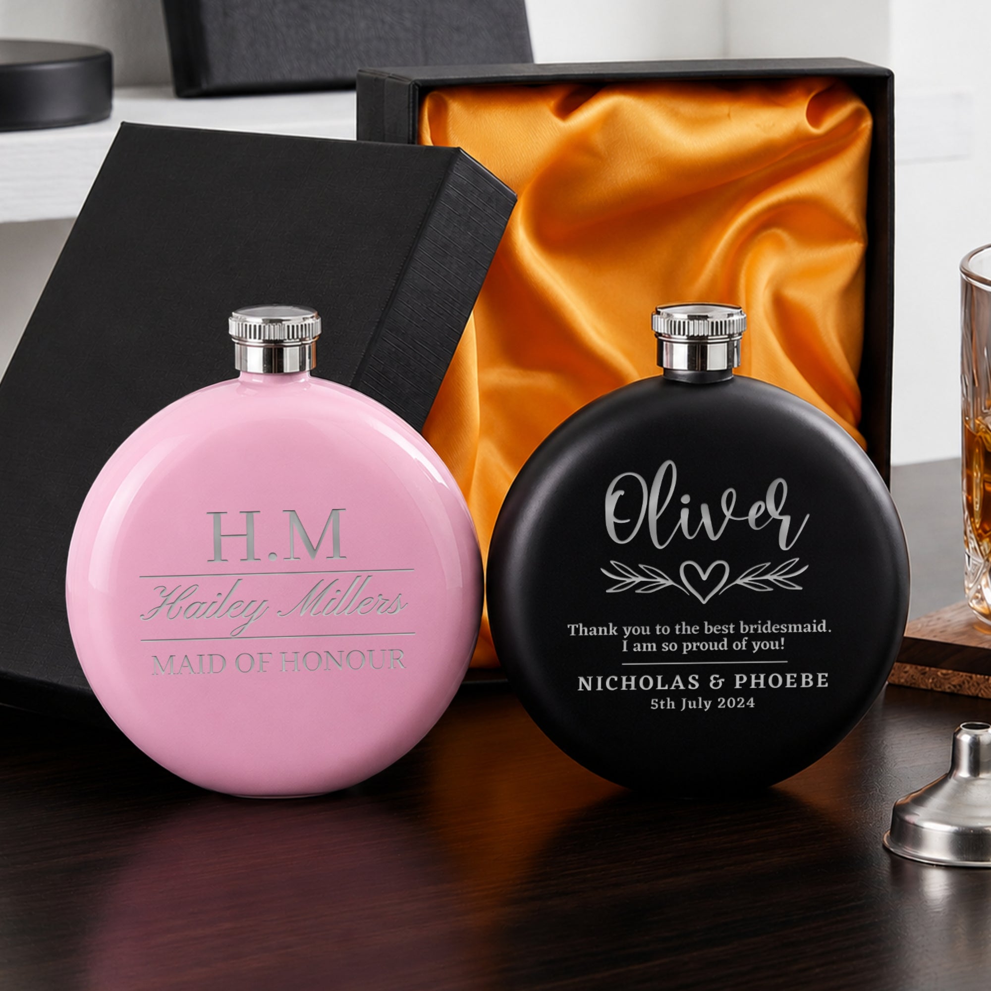 Personalised 5oz Round Hip Flask &amp; Funnel Gift Set for Women, Custom Engraved Wedding Bridesmaid, Lady Birthday, Logo Corporate Keepsake Box