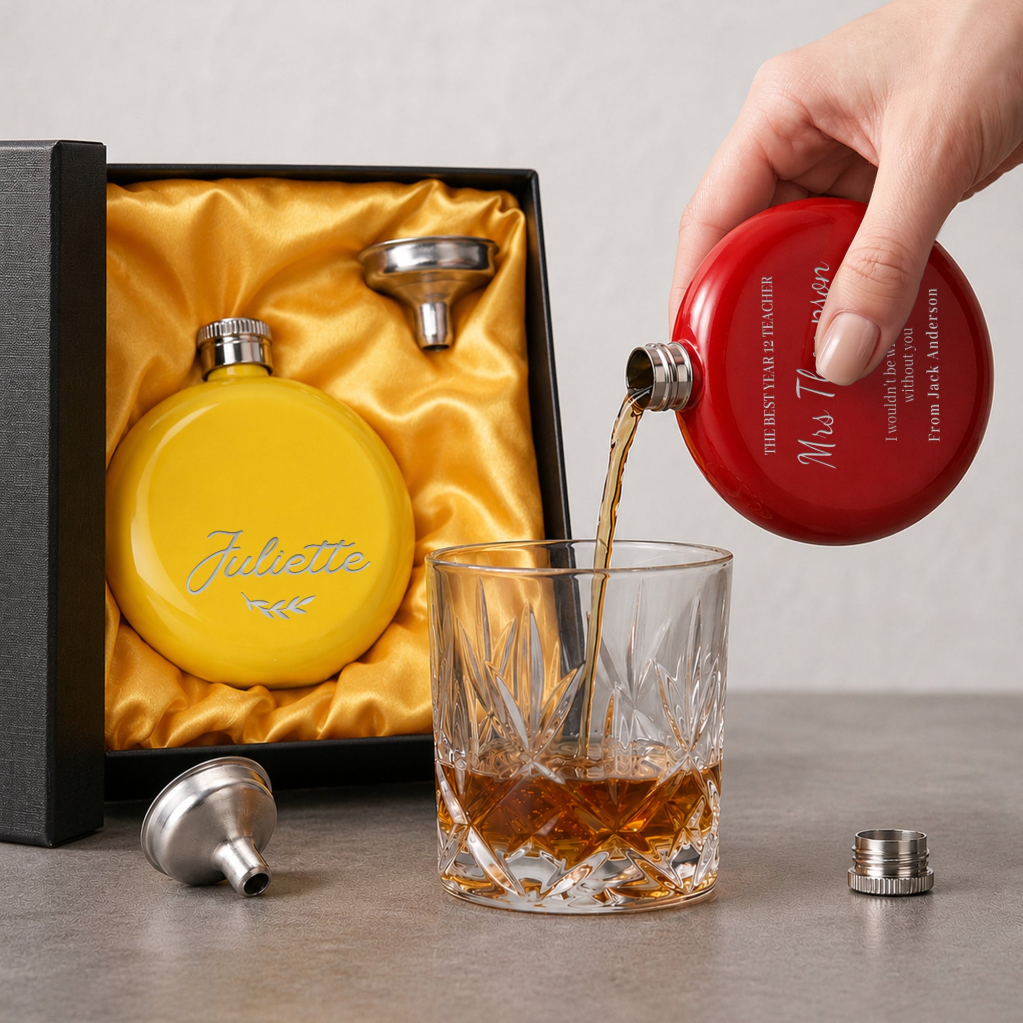Personalised 5oz Round Hip Flask &amp; Funnel Gift Set for Women, Custom Engraved Wedding Bridesmaid, Lady Birthday, Logo Corporate Keepsake Box