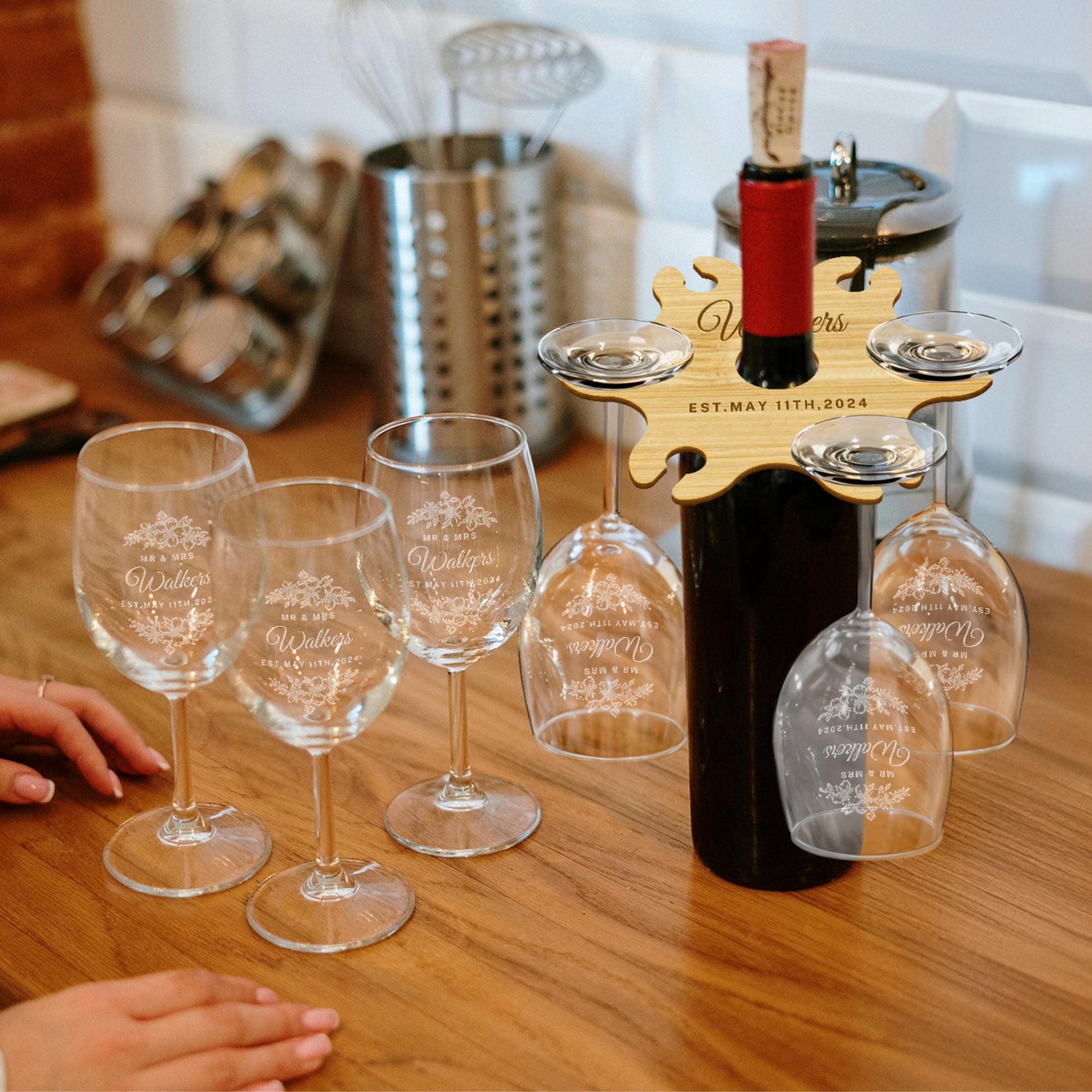 Personalised 6 Stem Glasses & Wine Holder Set, Laser Cut Wooden Bottle Caddy/ Custom Engraved Butler, Barware Anniversary, Housewarming Gift