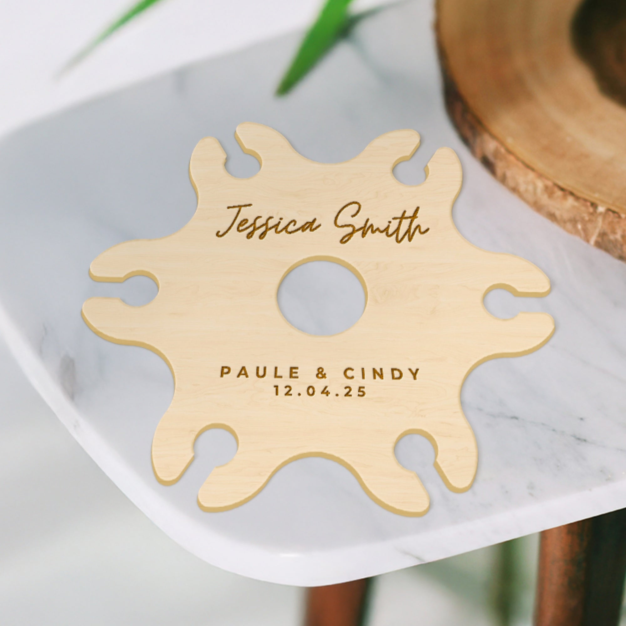 Personalised 6 Stem Glasses &amp; Wine Holder Set, Laser Cut Wooden Bottle Caddy/ Custom Engraved Butler, Barware Anniversary, Housewarming Gift