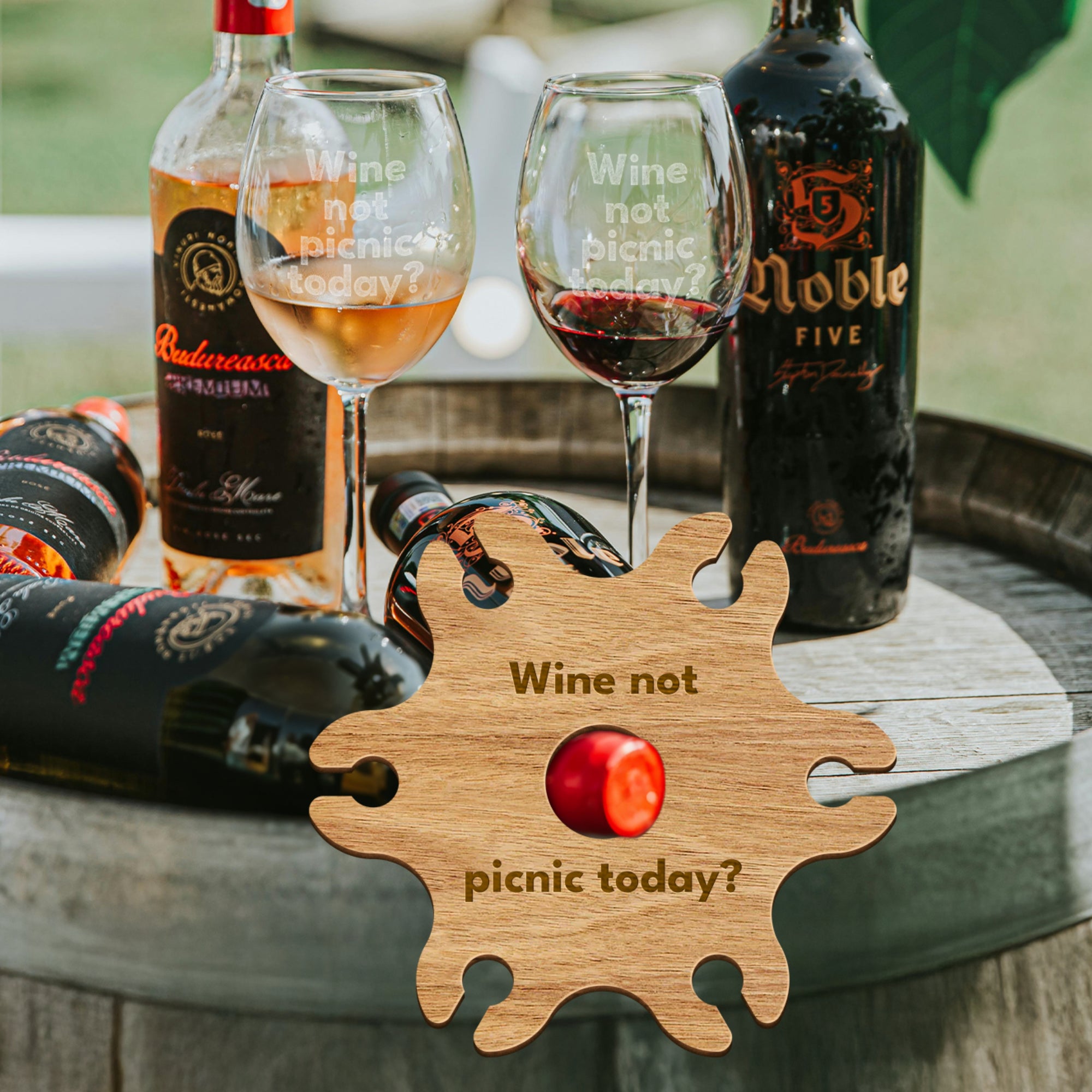 Personalised 6 Stem Glasses & Wine Holder Set, Laser Cut Wooden Bottle Caddy/ Custom Engraved Butler, Barware Anniversary, Housewarming Gift