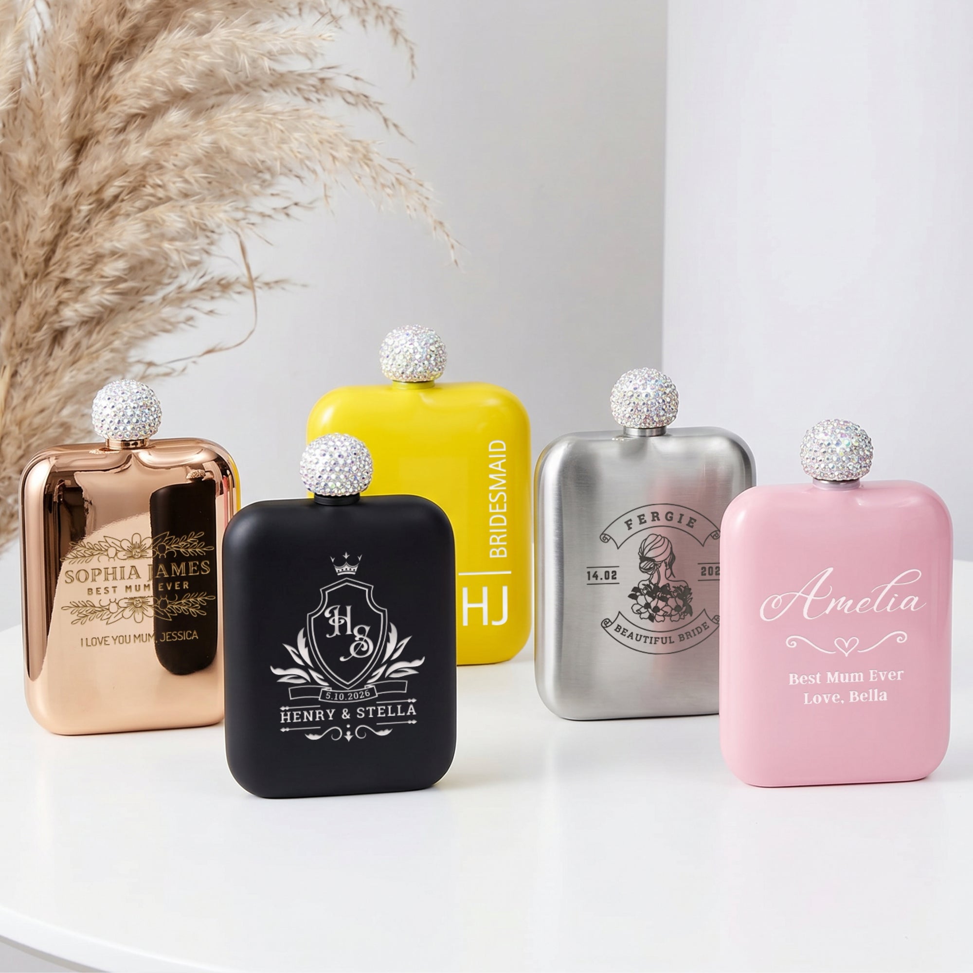 Personalised 6oz Rectangle Hip Flask &amp; Diamond Rhinestone Lid, Custom Engraved Wedding Bridesmaid Proposals, Hens Party, Hers Birthday Gift