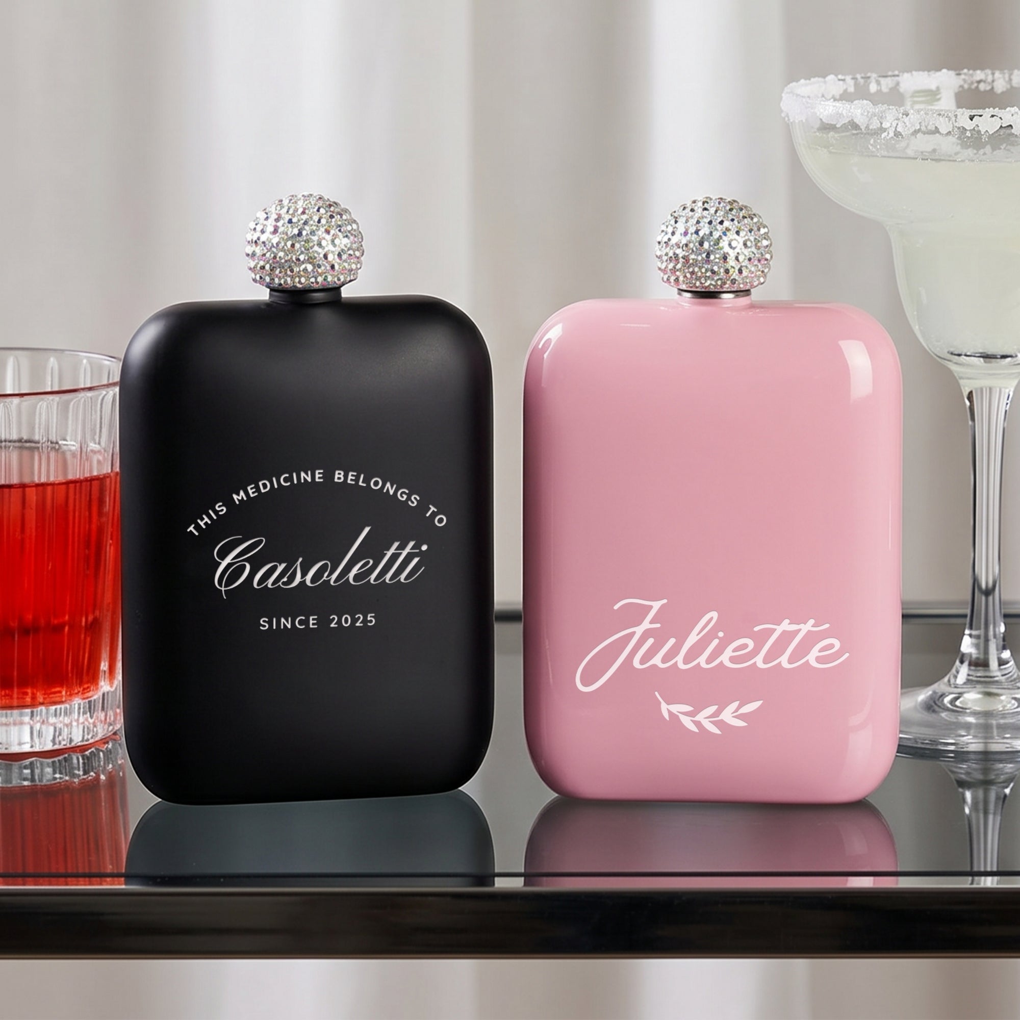 Personalised 6oz Rectangle Hip Flask &amp; Diamond Rhinestone Lid, Custom Engraved Wedding Bridesmaid Proposals, Hens Party, Hers Birthday Gift