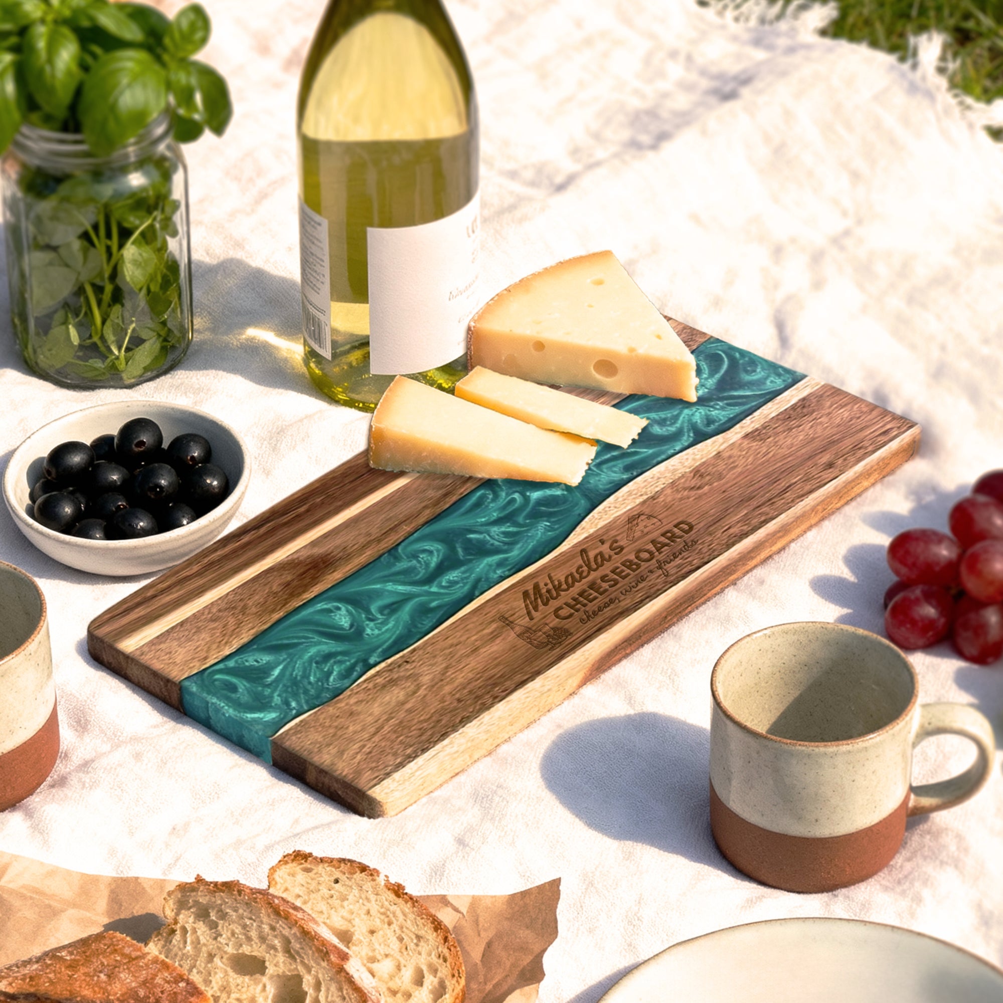 Personalised Acacia Wood Green River Resin Cheese Tray, Custom Logo Engraved Serving Board, Charcuterie Platter, Corporate Housewarming Gift