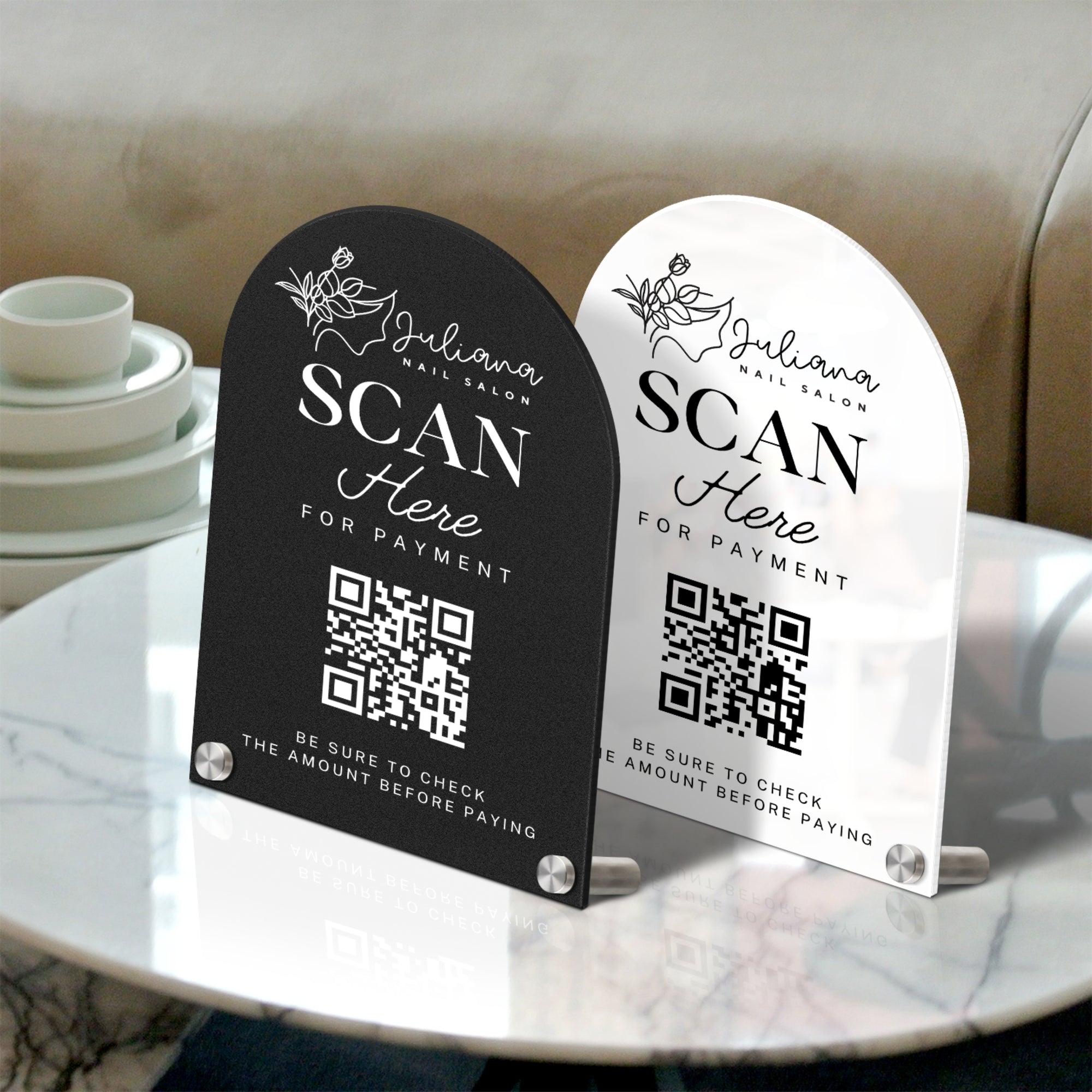Personalised Acrylic Arch QR Code Scan To Pay Business Sign, Custom UV Print Mirror Spa, Beauty Salon, Cafe Retail Reception Display Signage