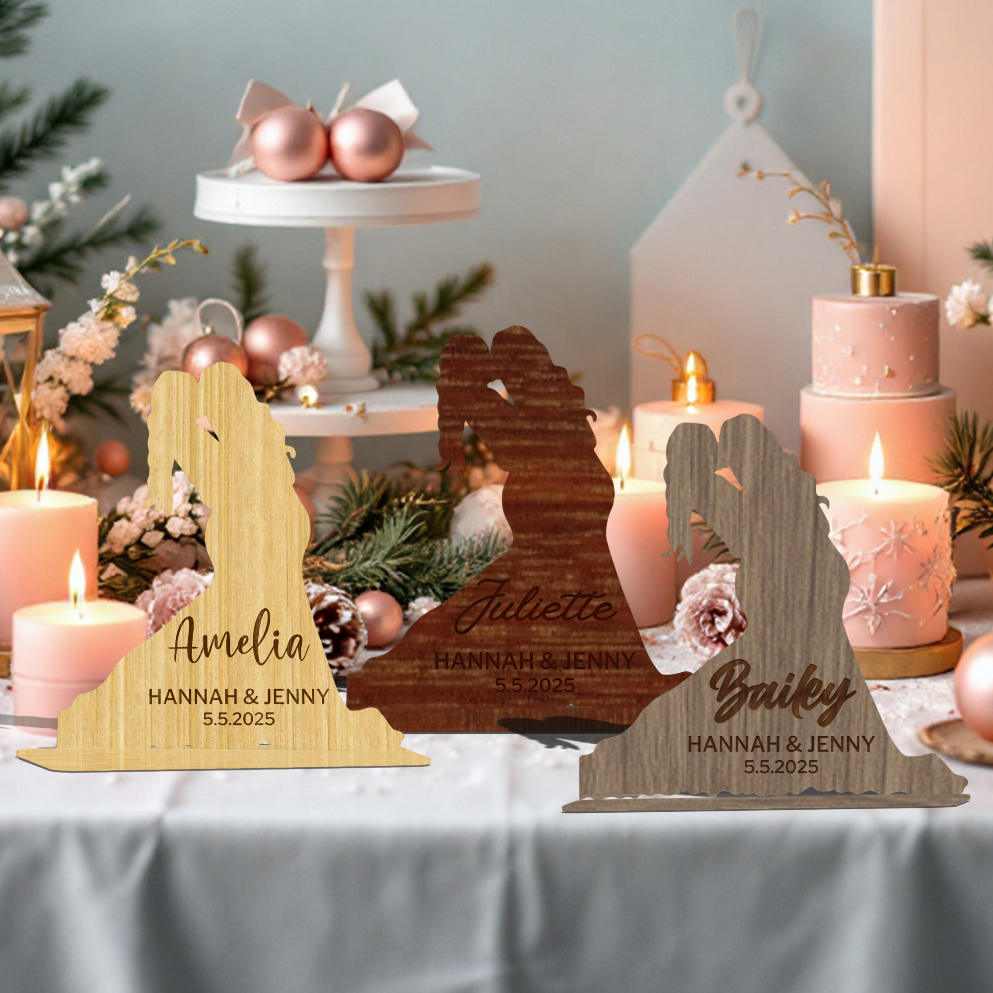 Personalised Mirror Acrylic/ Wood Wedding Lesbian Couple Silhouette Place Setting, Custom Etched Table Card, Party Favour Thank you Gift Tag