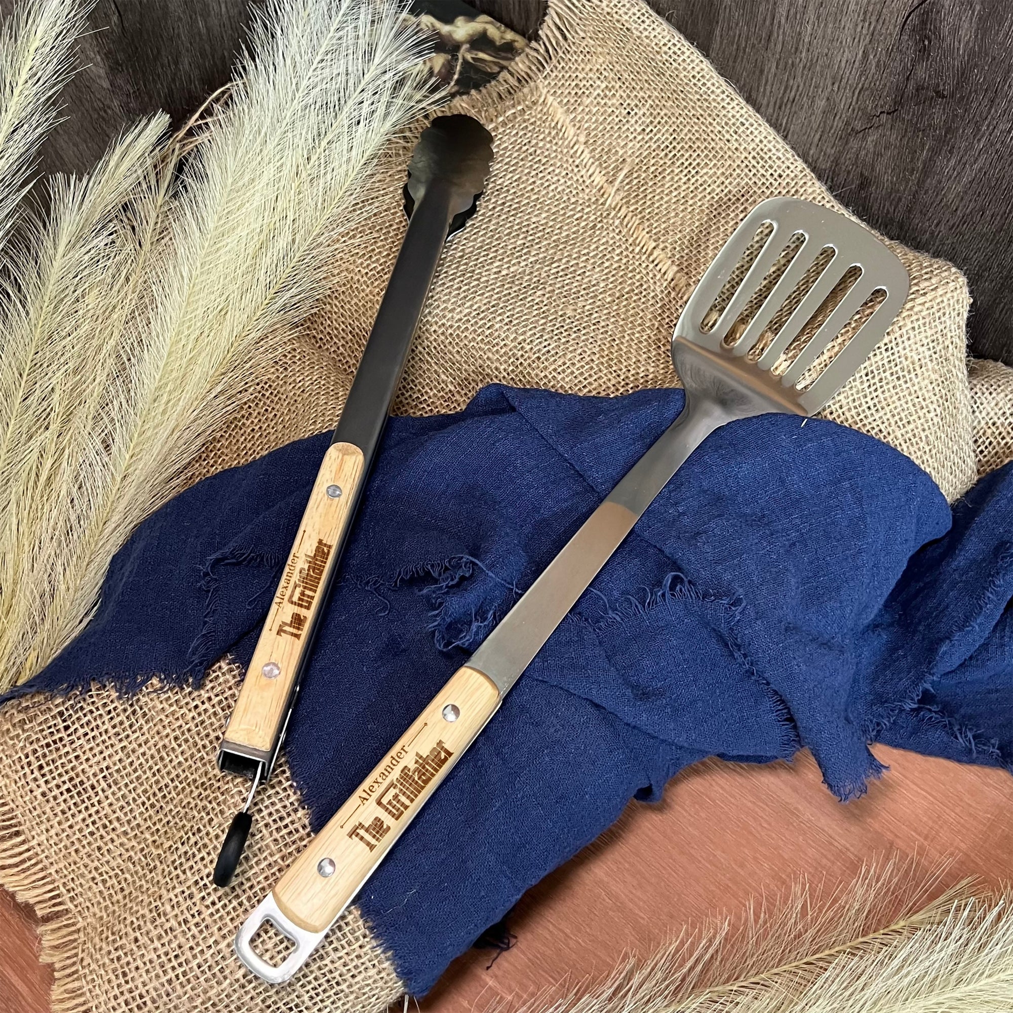 Personalised BBQ Tools Gift Set, Custom Laser Engraved Etching Barbecue Tongs & Spatula, Barbeque Grill Gift Him Dad Fathers Day GrillFather