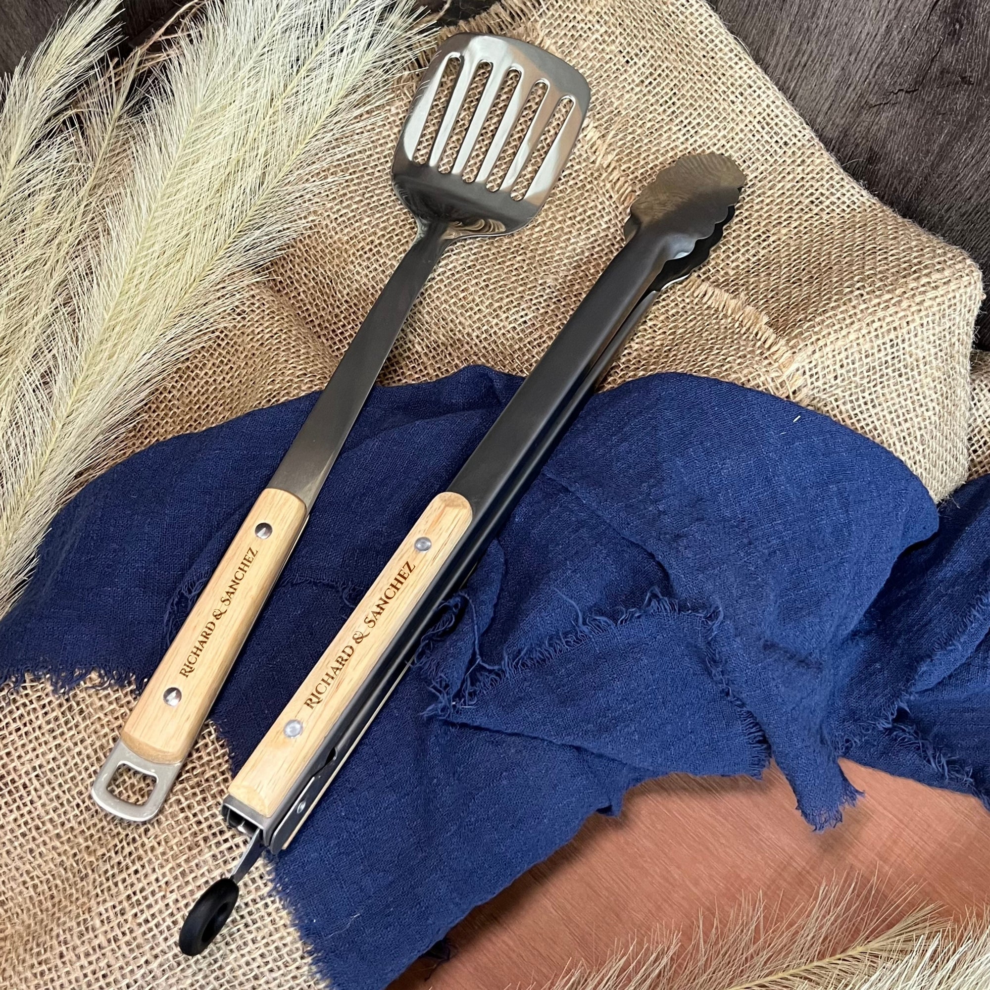 Personalised BBQ Tools Gift Set, Custom Laser Engraved Etching Barbecue Tongs &amp; Spatula, Barbeque Grill Gift Him Dad Fathers Day GrillFather