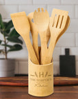 Personalised Bamboo 6 Cooking Utensils & Holder Set, Custom Engraved Kitchen Tools, Mother Grandma Birthday Housewarming Logo Corporate Gift