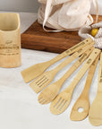 Personalised Bamboo 6 Cooking Utensils & Holder Set, Custom Engraved Kitchen Tools, Mother Grandma Birthday Housewarming Logo Corporate Gift