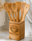 Personalised Bamboo 6 Cooking Utensils & Square Holder Set, Custom Engraved Kitchen Tools Organiser, Mom Grandma Birthday, Housewarming Gift