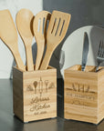 Personalised Bamboo 6 Cooking Utensils & Square Holder Set, Custom Engraved Kitchen Tools Organiser, Mom Grandma Birthday, Housewarming Gift