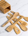 Personalised Bamboo 6 Cooking Utensils & Square Holder Set, Custom Engraved Kitchen Tools Organiser, Mom Grandma Birthday, Housewarming Gift