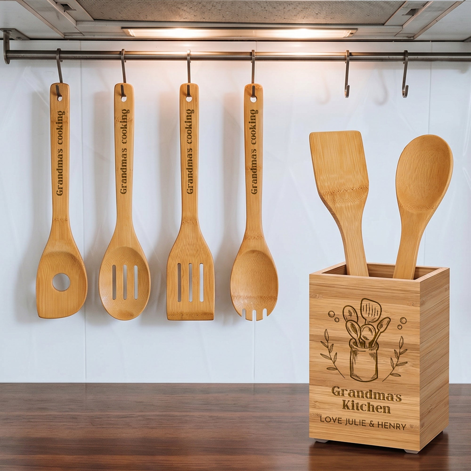 Personalised Bamboo 6 Cooking Utensils &amp; Square Holder Set, Custom Engraved Kitchen Tools Organiser, Mom Grandma Birthday, Housewarming Gift