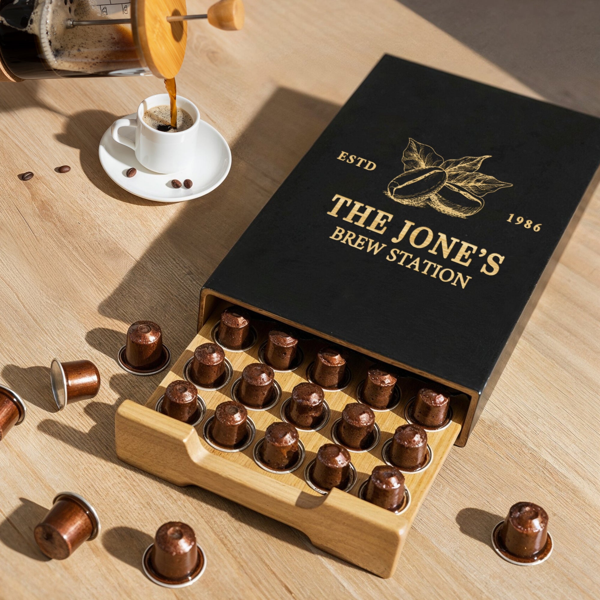 Personalised Bamboo Coffee 40 Capsules Drawer, Custom Engraved Wooden Pod Storage, Kitchen Cafe Bar Organiser, Housewarming/ Birthday Gift