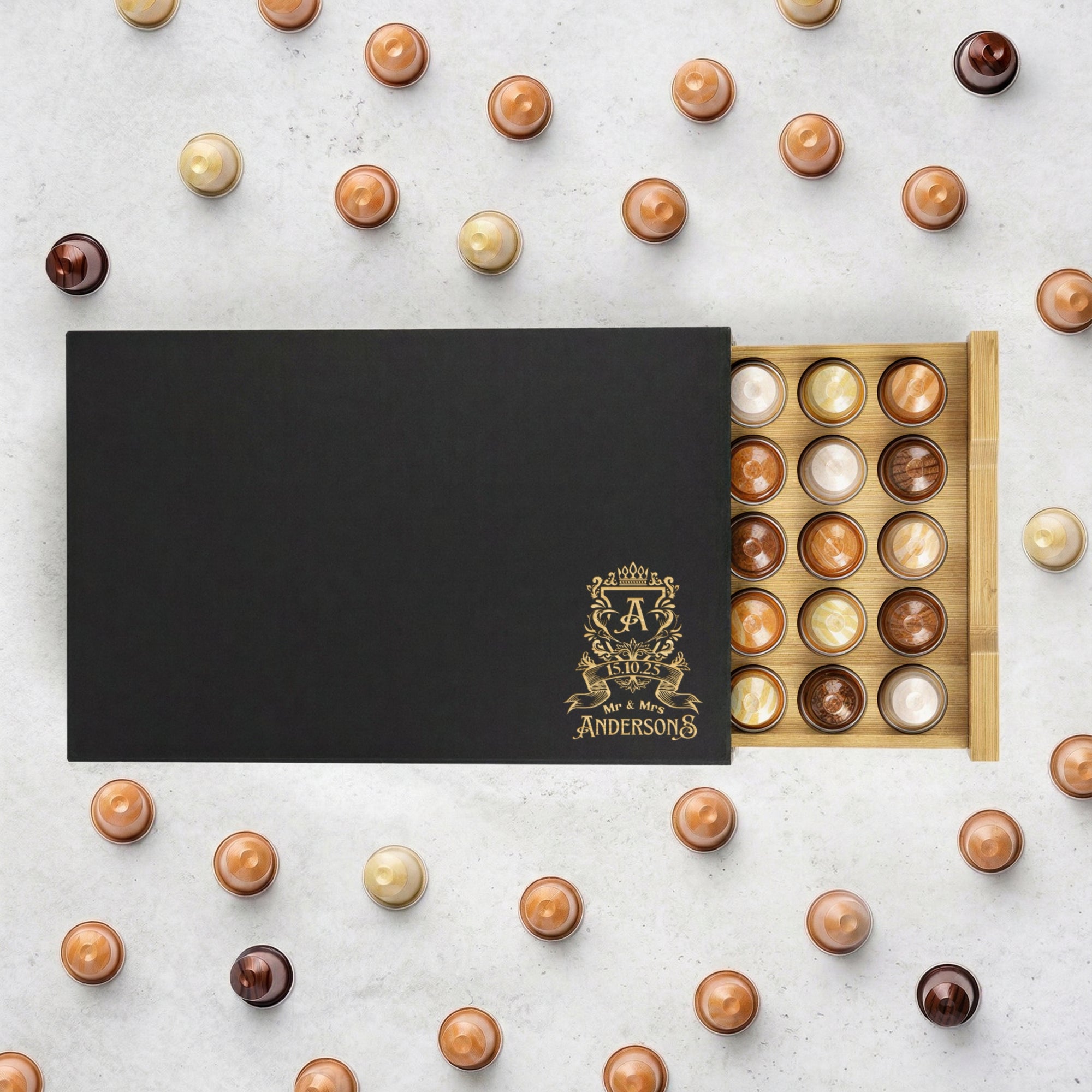 Personalised Bamboo Coffee 40 Capsules Drawer, Custom Engraved Wooden Pod Storage, Kitchen Cafe Bar Organiser, Housewarming/ Birthday Gift