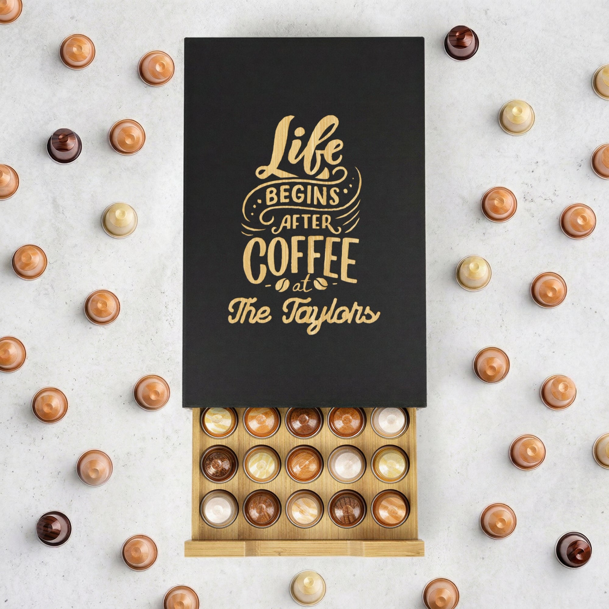 Personalised Bamboo Coffee 40 Capsules Drawer, Custom Engraved Wooden Pod Storage, Kitchen Cafe Bar Organiser, Housewarming/ Birthday Gift