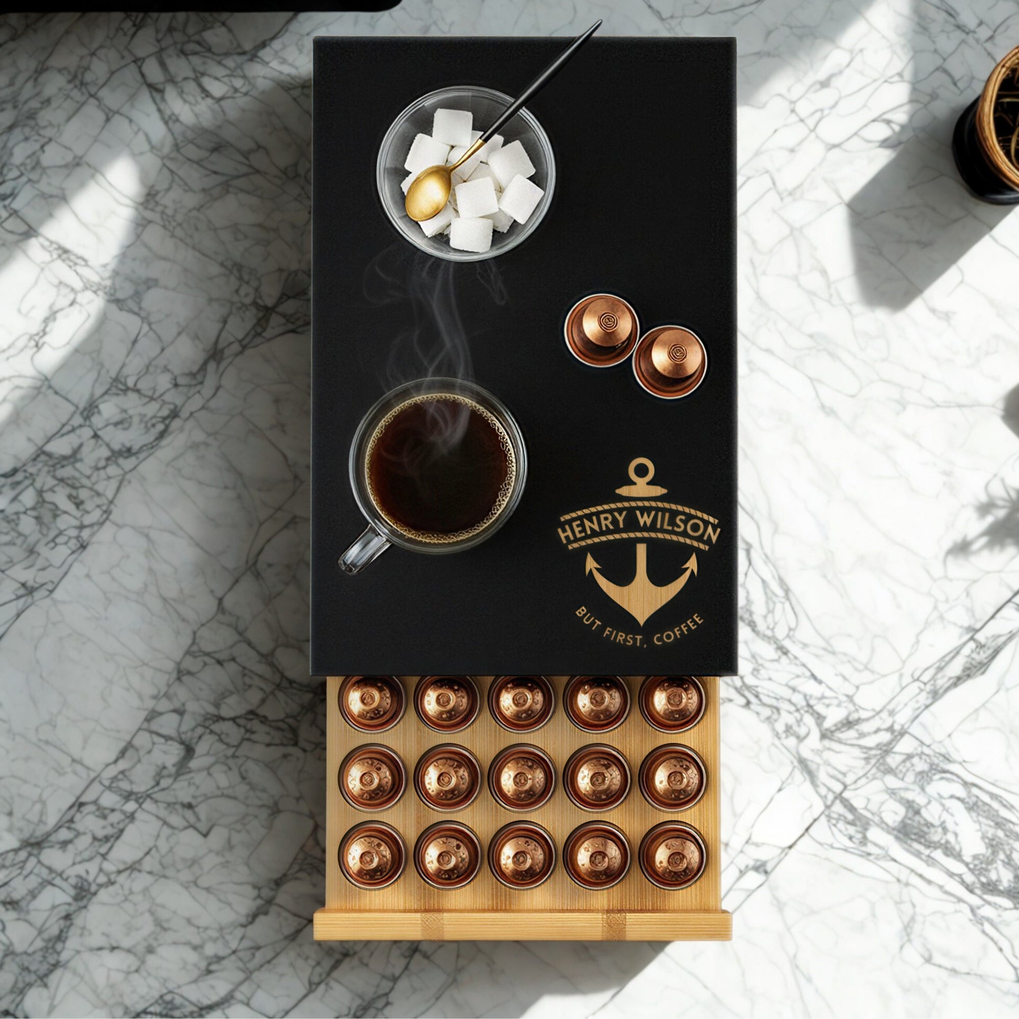 Personalised Bamboo Coffee 40 Capsules Drawer, Custom Engraved Wooden Pod Storage, Kitchen Cafe Bar Organiser, Housewarming/ Birthday Gift
