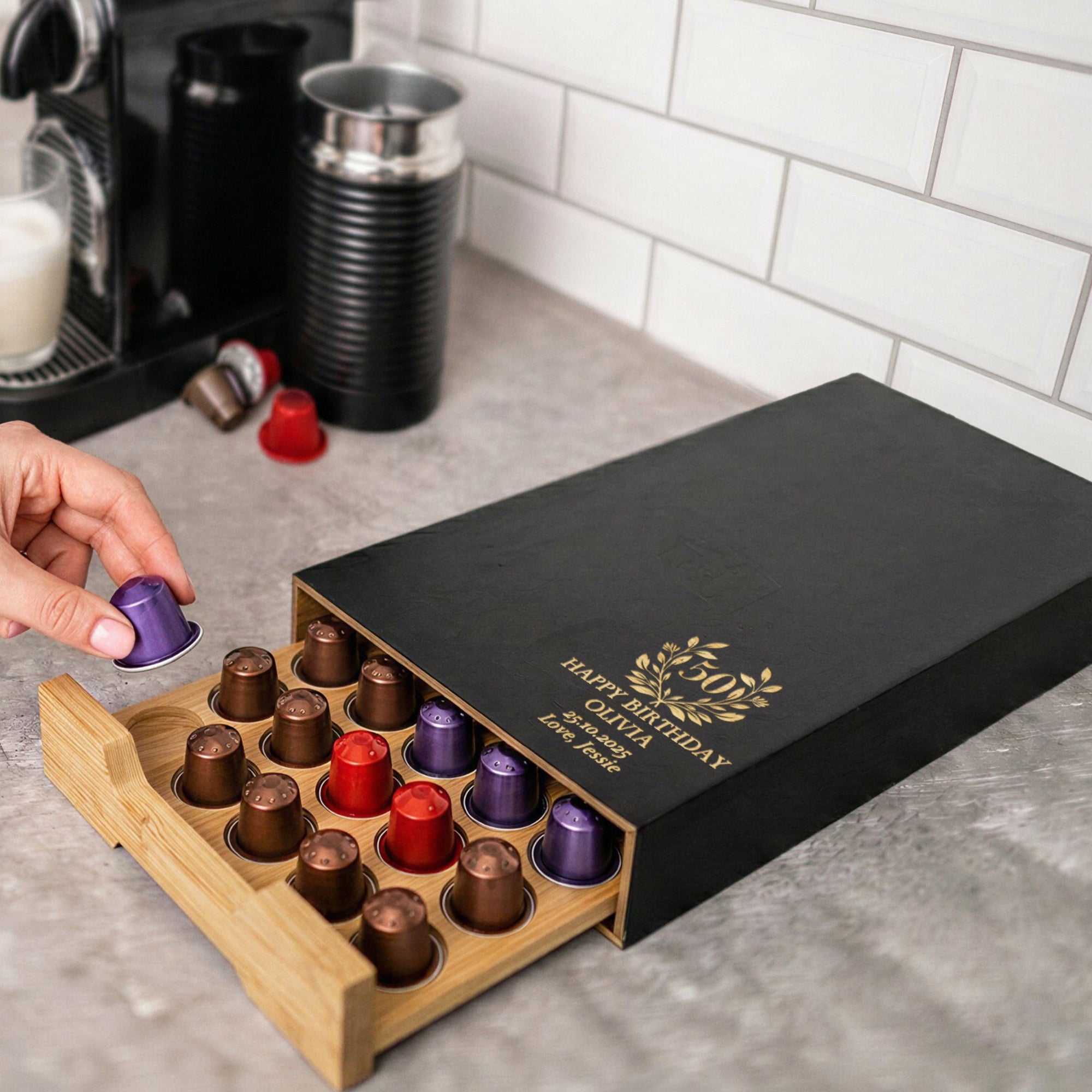 Personalised Bamboo Coffee 40 Capsules Drawer, Custom Engraved Wooden Pod Storage, Kitchen Cafe Bar Organiser, Housewarming/ Birthday Gift