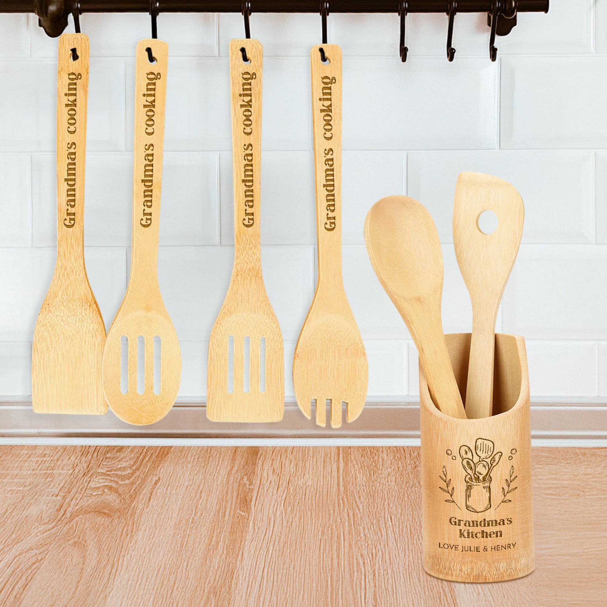 Personalised Bamboo 6 Cooking Utensils &amp; Holder Set, Custom Engraved Kitchen Tools, Mother Grandma Birthday Housewarming Logo Corporate Gift