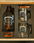 Personalised Beer Growler Gift Set & 2 Tankard Mugs, Acacia Coasters, Bottle Opener in Custom Engraved Logo Wooden Box, Groomsman, Dad Gift