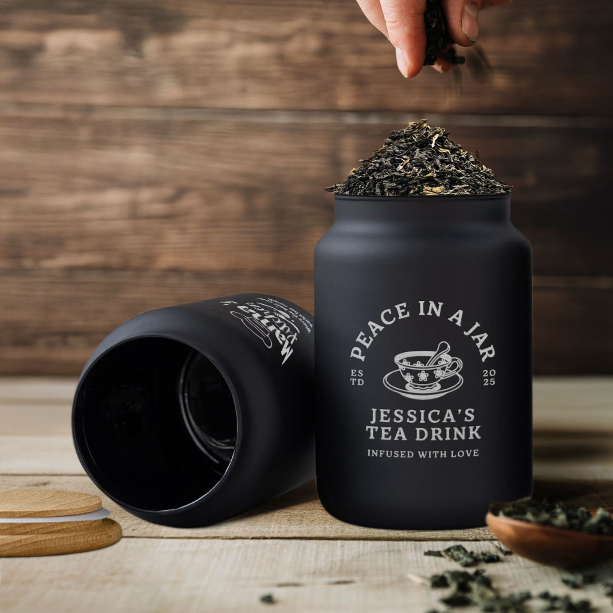 Personalised Black Glass Jar &amp; Wooden Lid, Custom Etched Logo Jar, Coffee, Tea Storage, Cookie Lollies Canister, Housewarming, Mom Xmas Gift