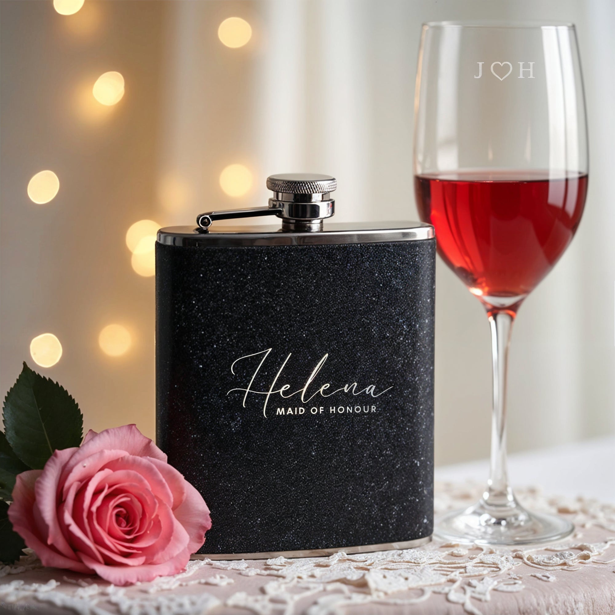 Personalised Glitter Stainless Steel 8oz Liquor Hip Flask & Funnel, Custom Engraved Bridesmaid Proposal, Wedding Favour, Logo Corporate Gift