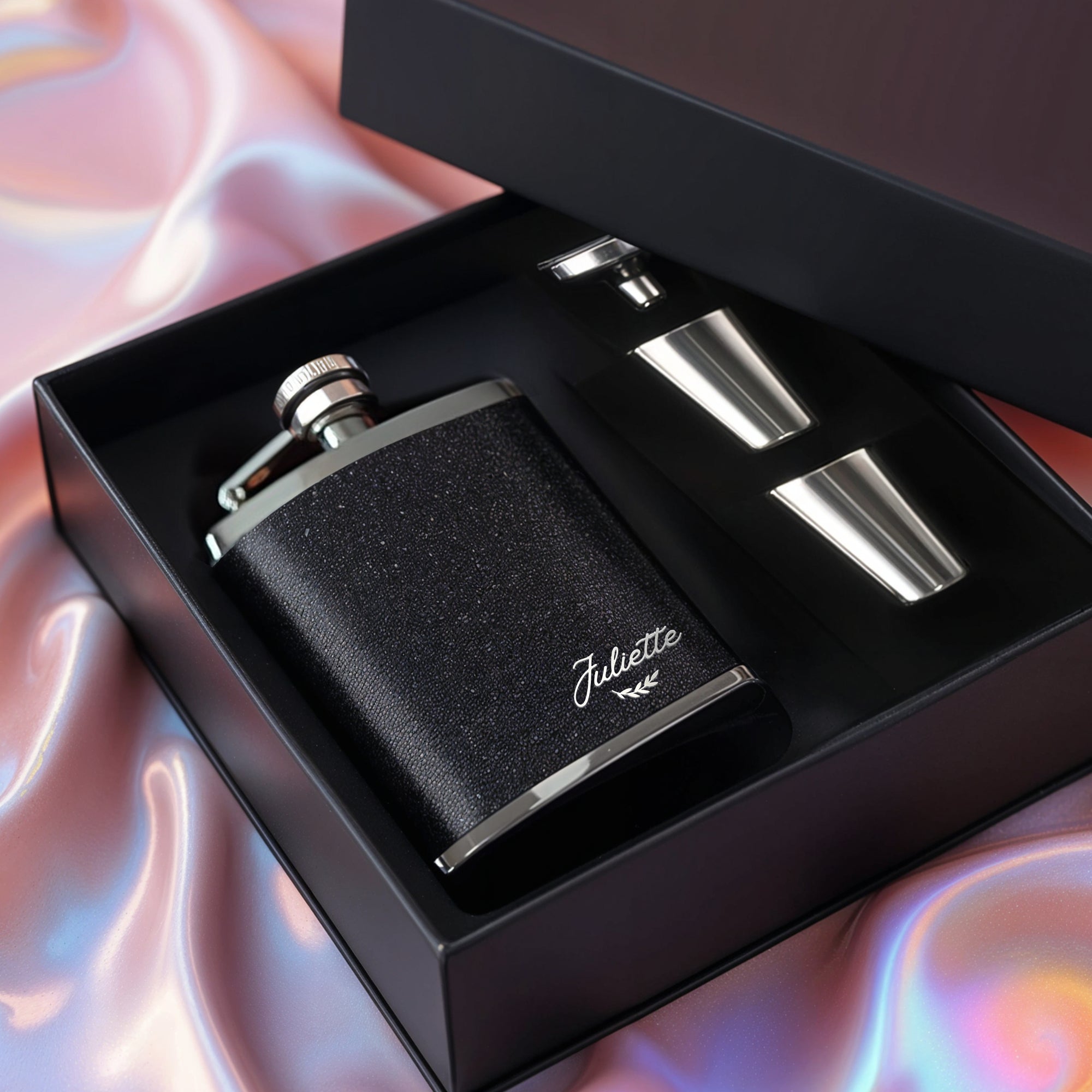 Personalised Glitter Steel 8oz Liquor Hip Flask, Funnel, Shot Glasses Set, Custom Engraved Bridesmaid Wedding Favour, Her Corporate Gift Box