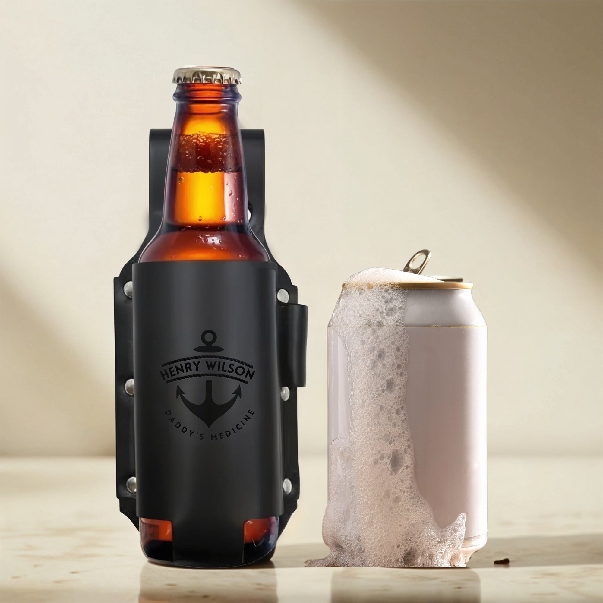 Personalised Leatherette Insulated Beer Stubby Holster, Custom Engraved Name Bottle Cooler Belt Holder, Wedding Groomsmen, Father's Day Gift