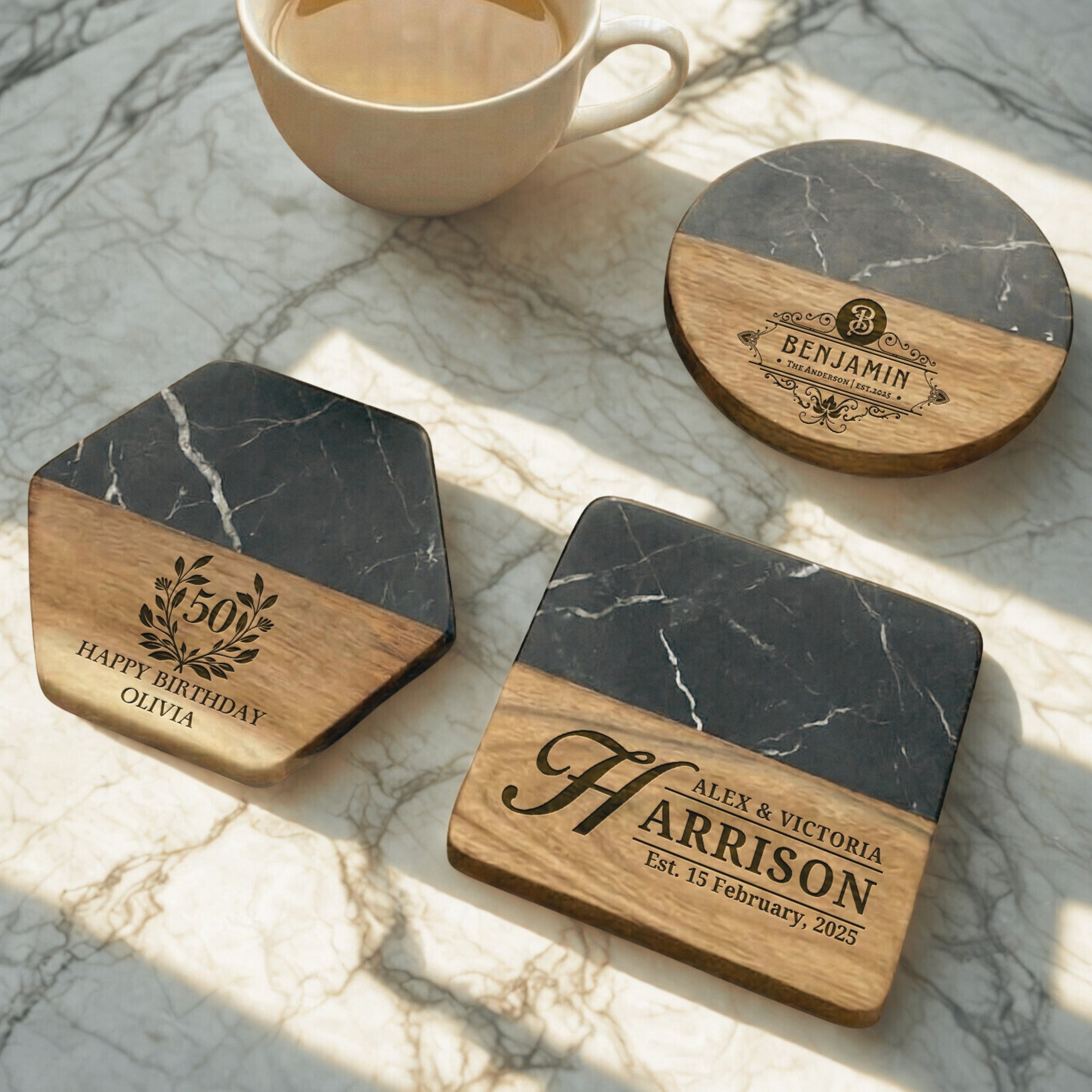 Personalised Black Marble Acacia Wooden Coaster, Custom Engraved Logo Family Drink Mat Set, Wedding, Birthday, Housewarming, Corporate Gift