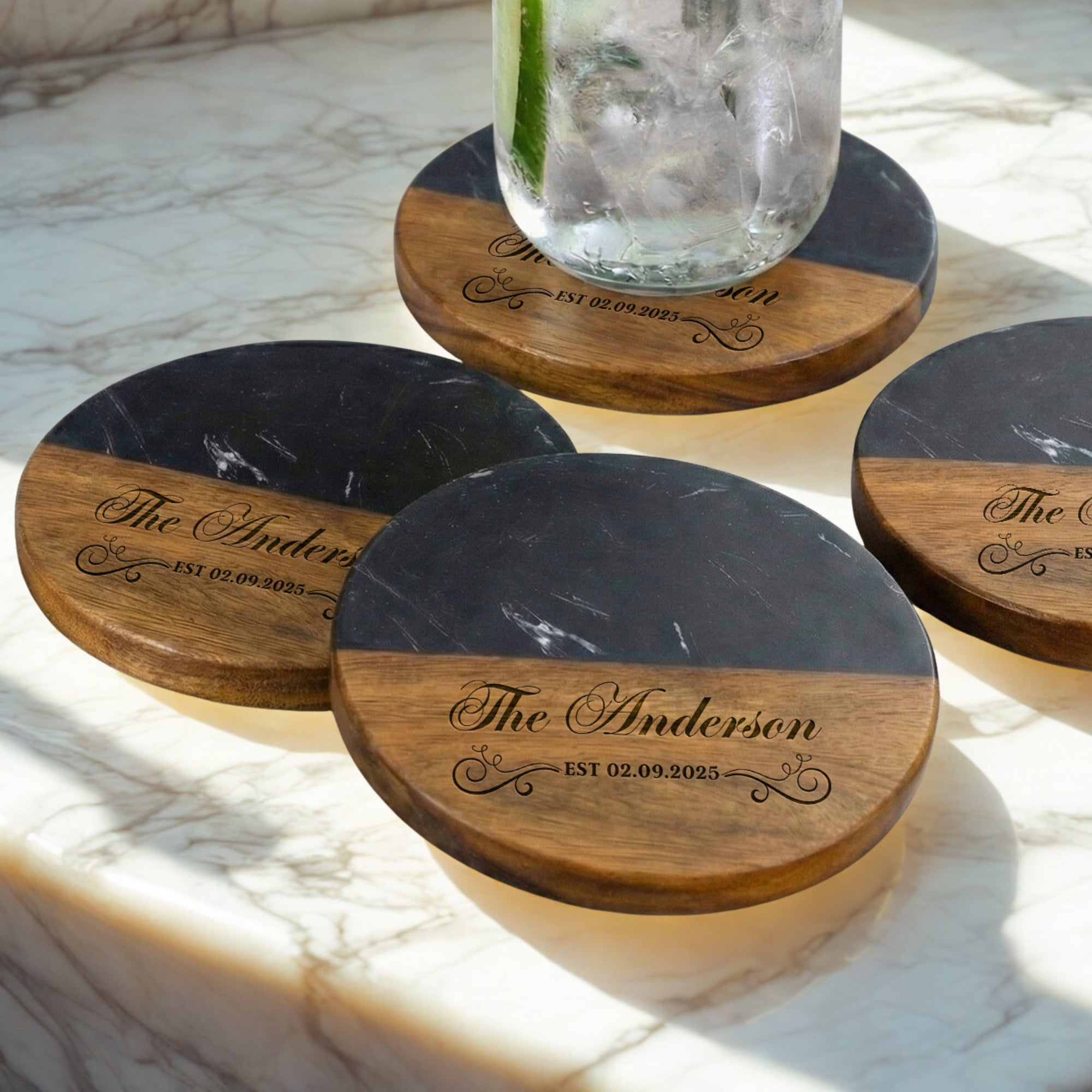 Personalised Black Marble Acacia Wooden Coaster, Custom Engraved Logo Family Drink Mat Set, Wedding, Birthday, Housewarming, Corporate Gift