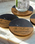 Personalised Black Marble Acacia Wooden Coaster, Custom Engraved Logo Family Drink Mat Set, Wedding, Birthday, Housewarming, Corporate Gift