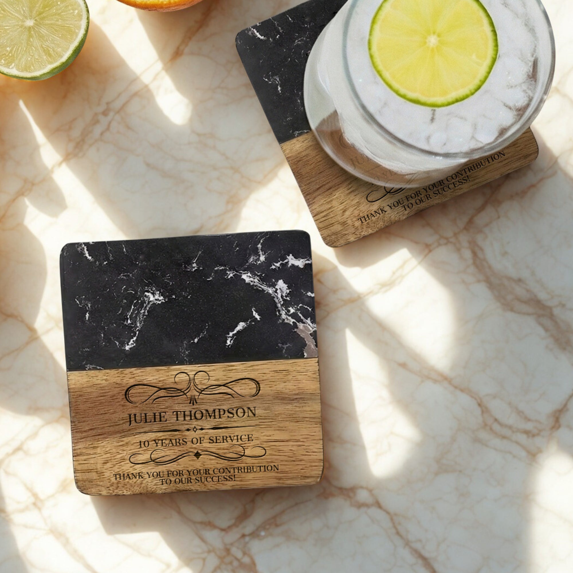 Personalised Black Marble Acacia Wooden Coaster, Custom Engraved Logo Family Drink Mat Set, Wedding, Birthday, Housewarming, Corporate Gift