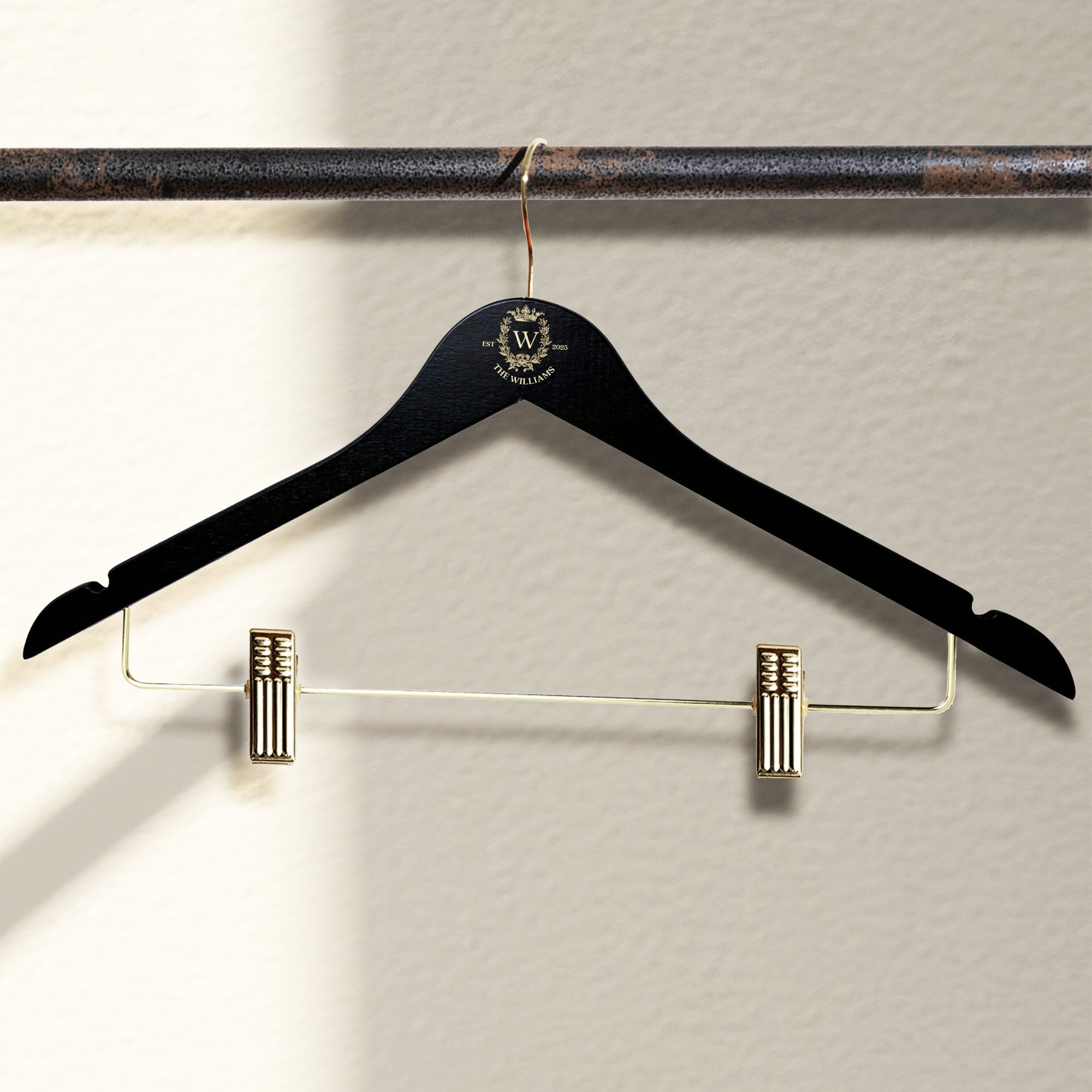 Personalised Wooden Combination Hanger, Gold Pants Clips &amp; Hook, Custom Logo Retail Coat Suit Hangers, Wedding, Housewarming, Corporate Gift