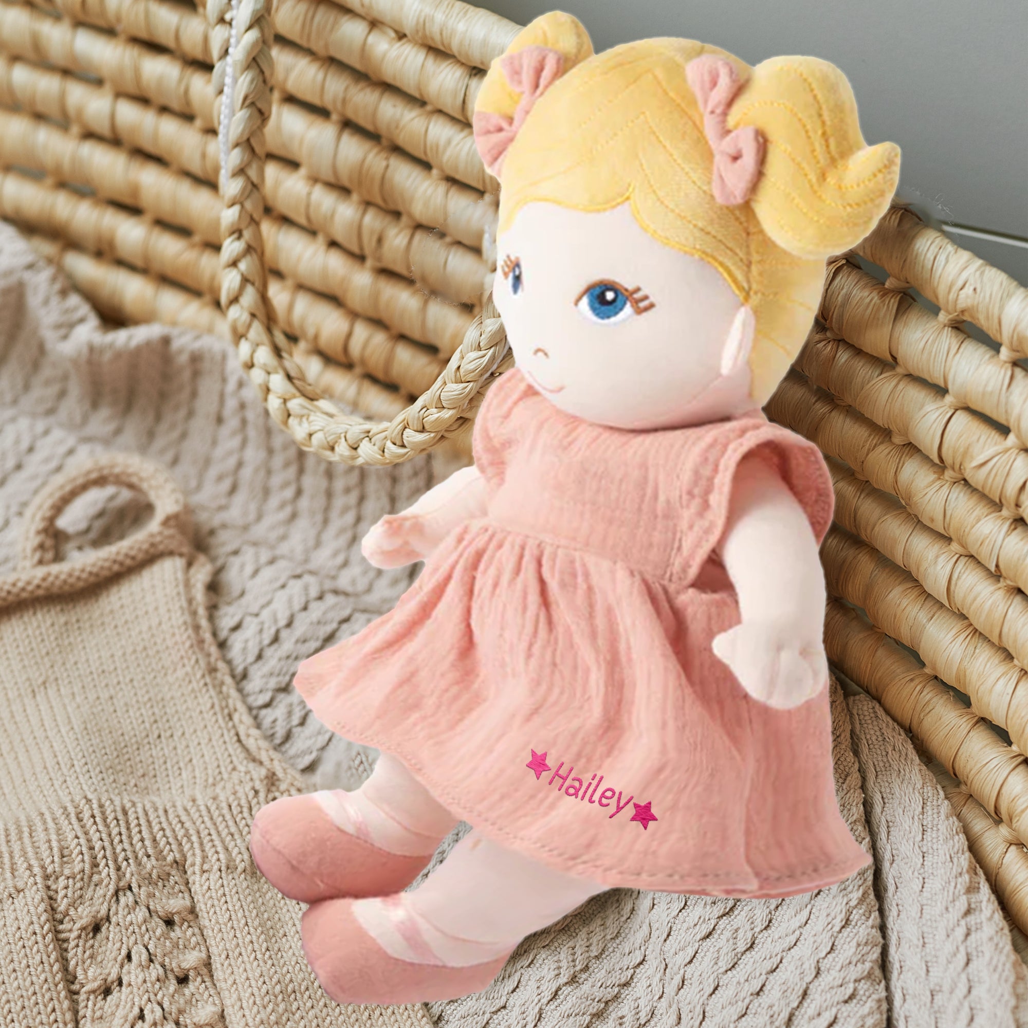 Personalised Embroidery Plush First Baby Doll, Custom Embroidered Name Sleep Soft Little Baby Toy Girl Christening Birthday Shower Xmas Gift