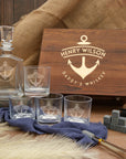 Personalised Wooden Boxed Flat Whiskey Decanter Set, 4 Scotch Glasses, 8 Ice Stones & Tongs | Custom Engraved Groomsmen, Wedding Bar Gift